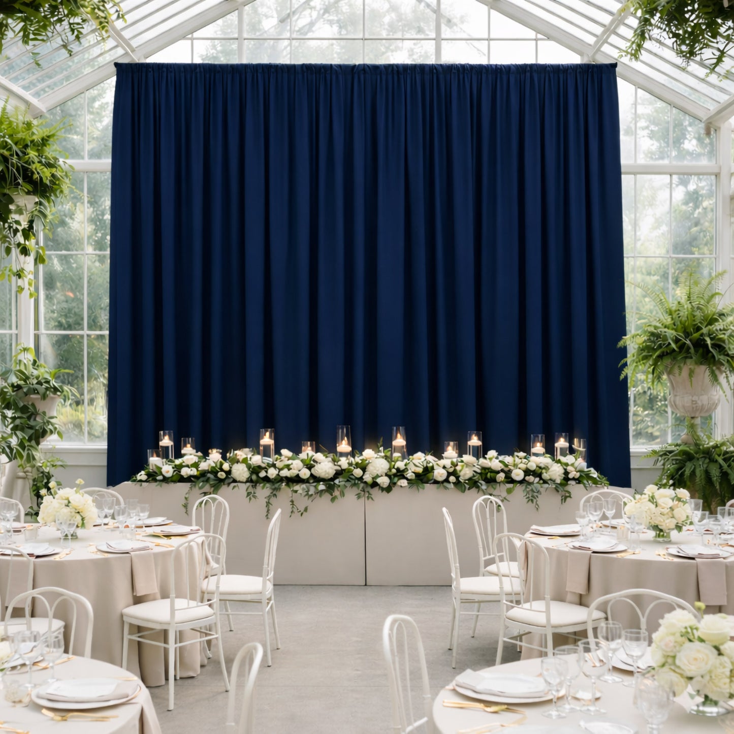 Navy blue 4-way stretch spandex event curtain drapes backdrop panel.