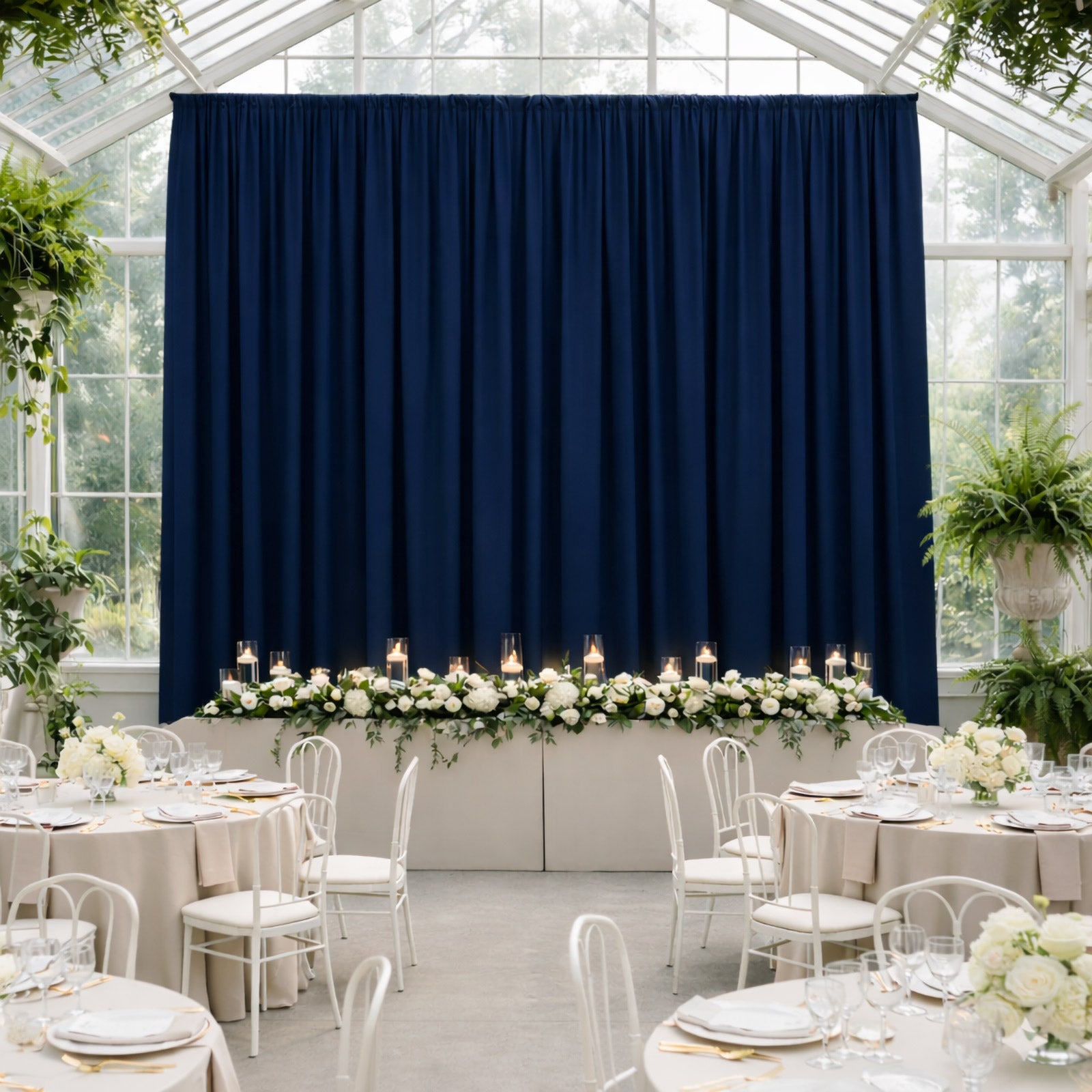 Navy blue 4-way stretch spandex event curtain drapes backdrop panel.