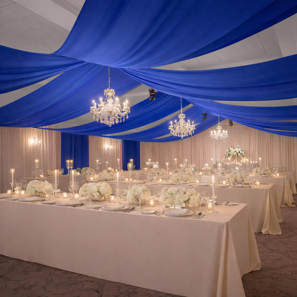 Royal blue 4-way stretch spandex event curtain drapes for elegant backdrop.