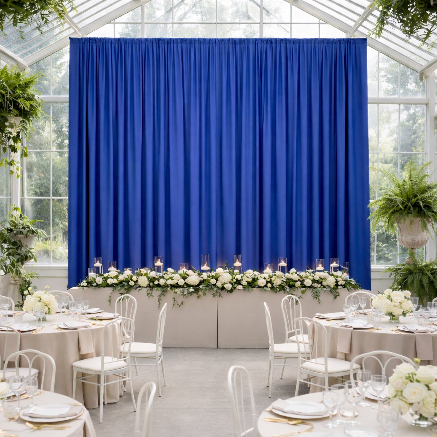 Royal blue 4-way stretch spandex curtain drapes for events.