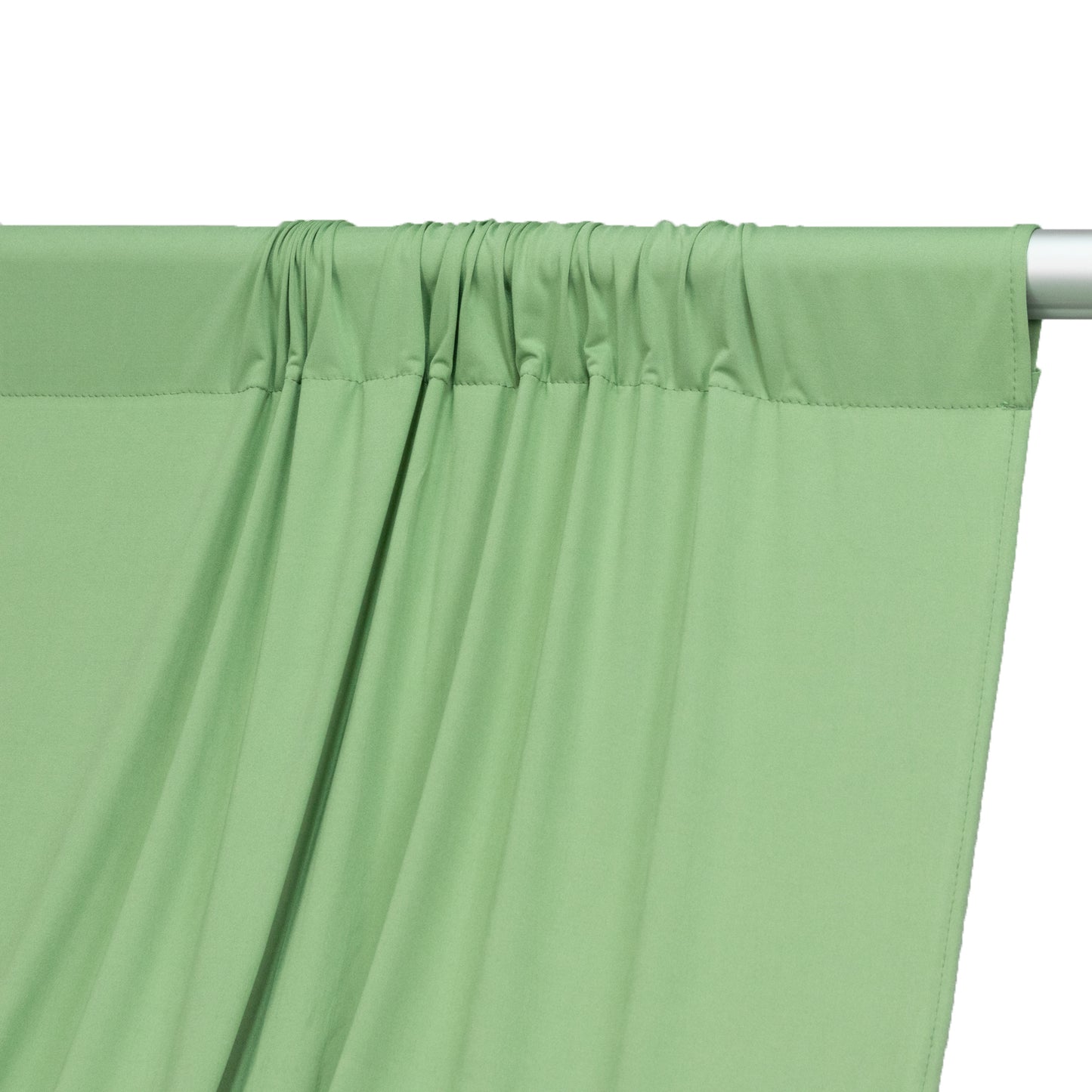Sage green 4-way stretch spandex event curtain drapes with rod pockets.