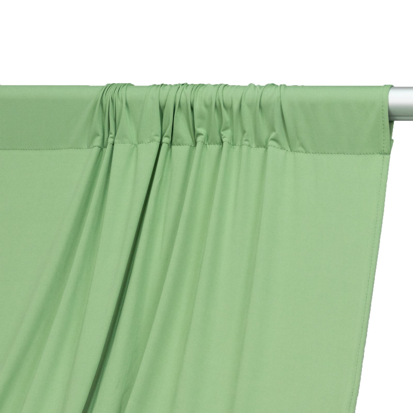 Sage green 4-way stretch spandex event curtain drapes with rod pockets.