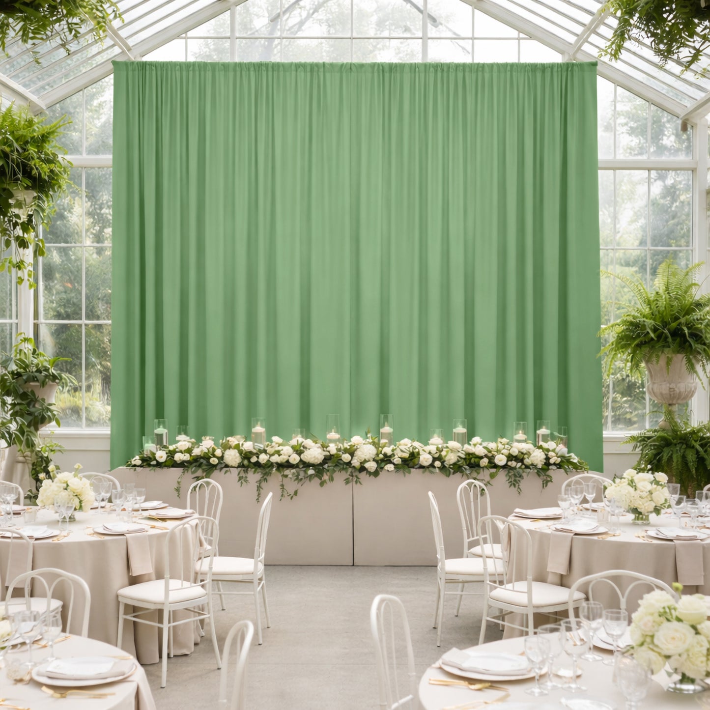 Sage green 4-way stretch spandex event curtain drapes in a beautiful venue setting.
