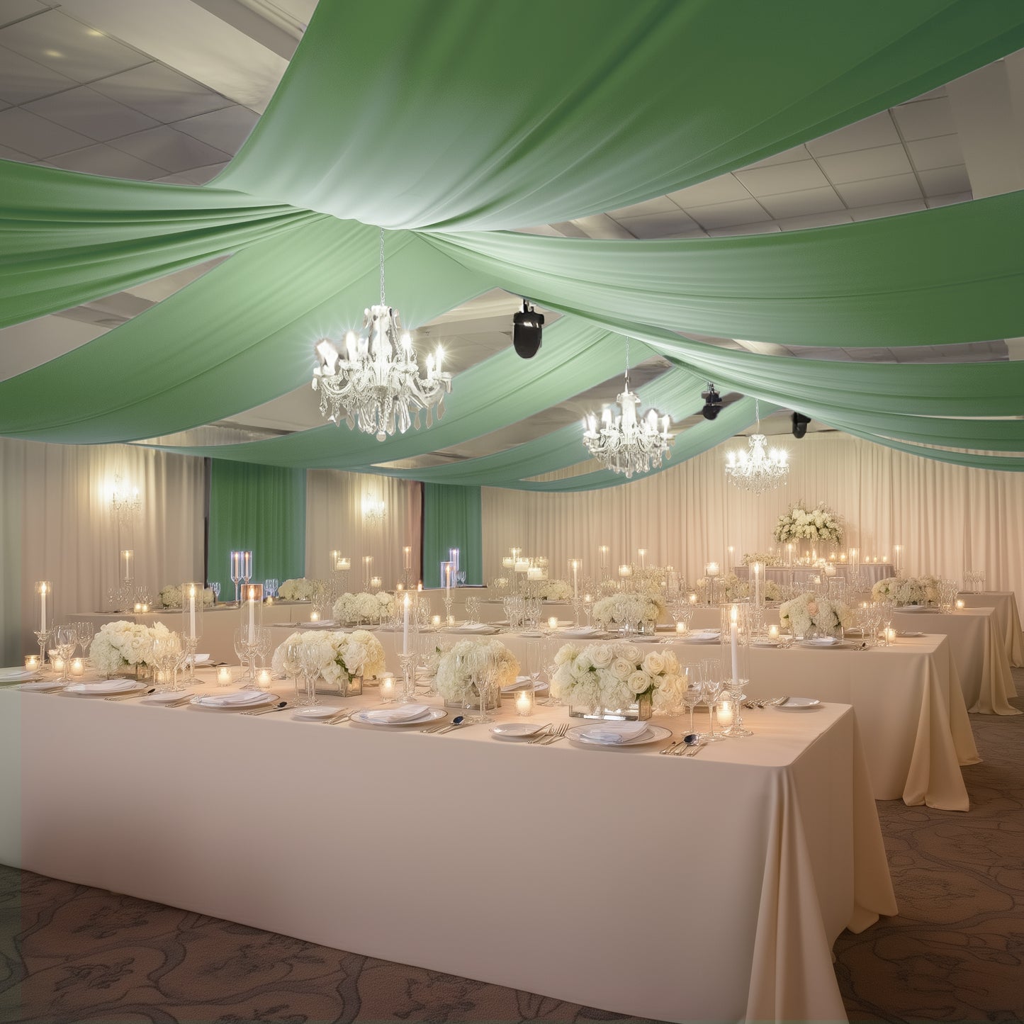 Sage green 4-way stretch spandex event curtain drapes in a banquet setting.