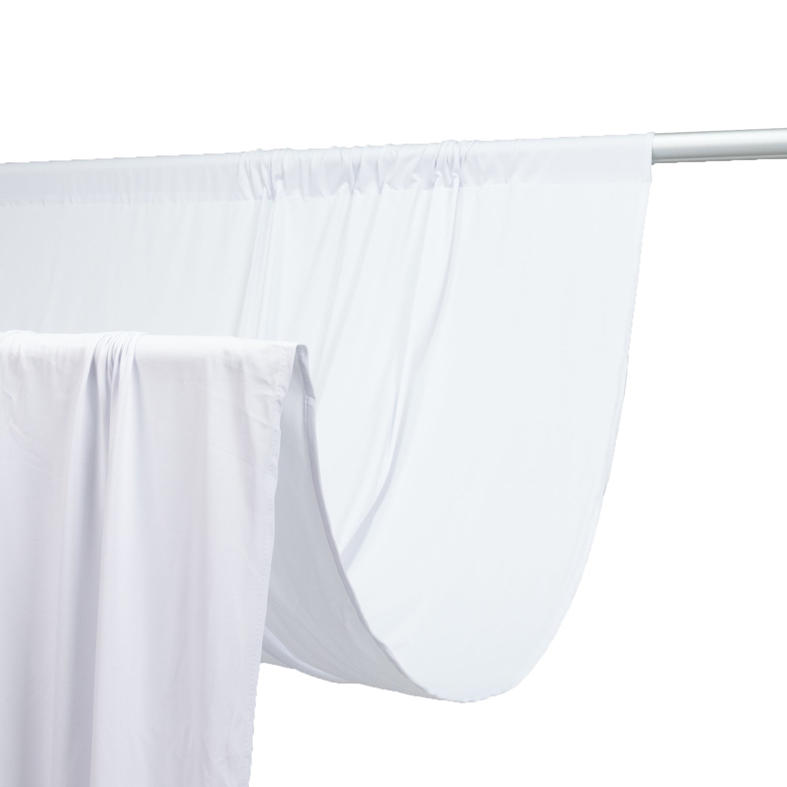 White 4-way stretch spandex event curtain drapes with rod pockets.