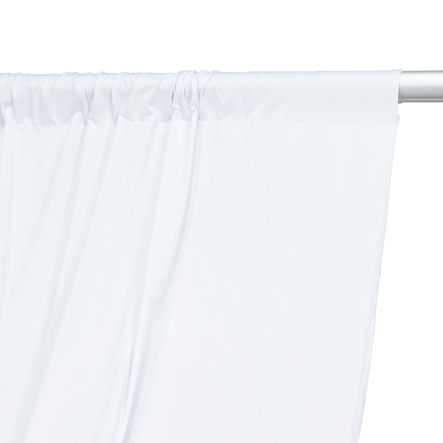 White 4-way stretch spandex event curtain drapes with rod pockets.