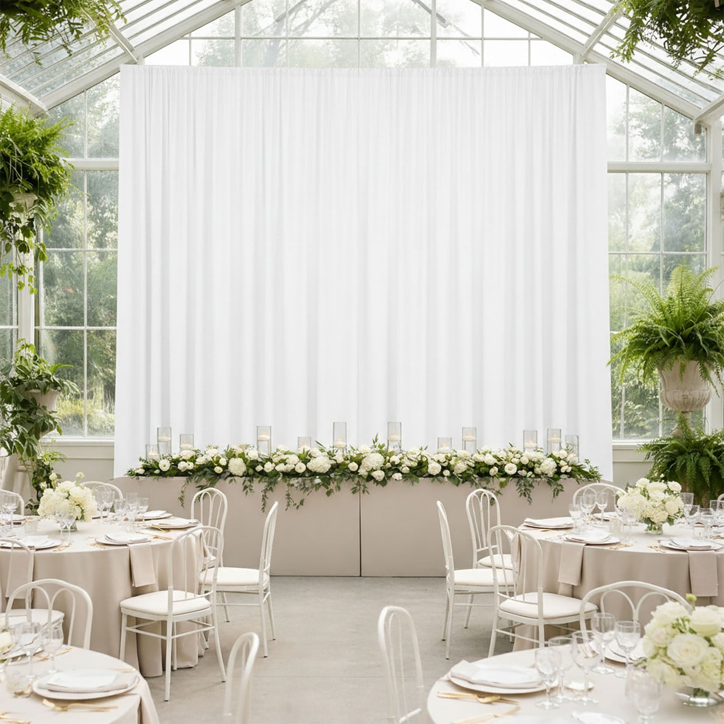 White 4-way stretch spandex event curtain drapes in a bright venue setting.