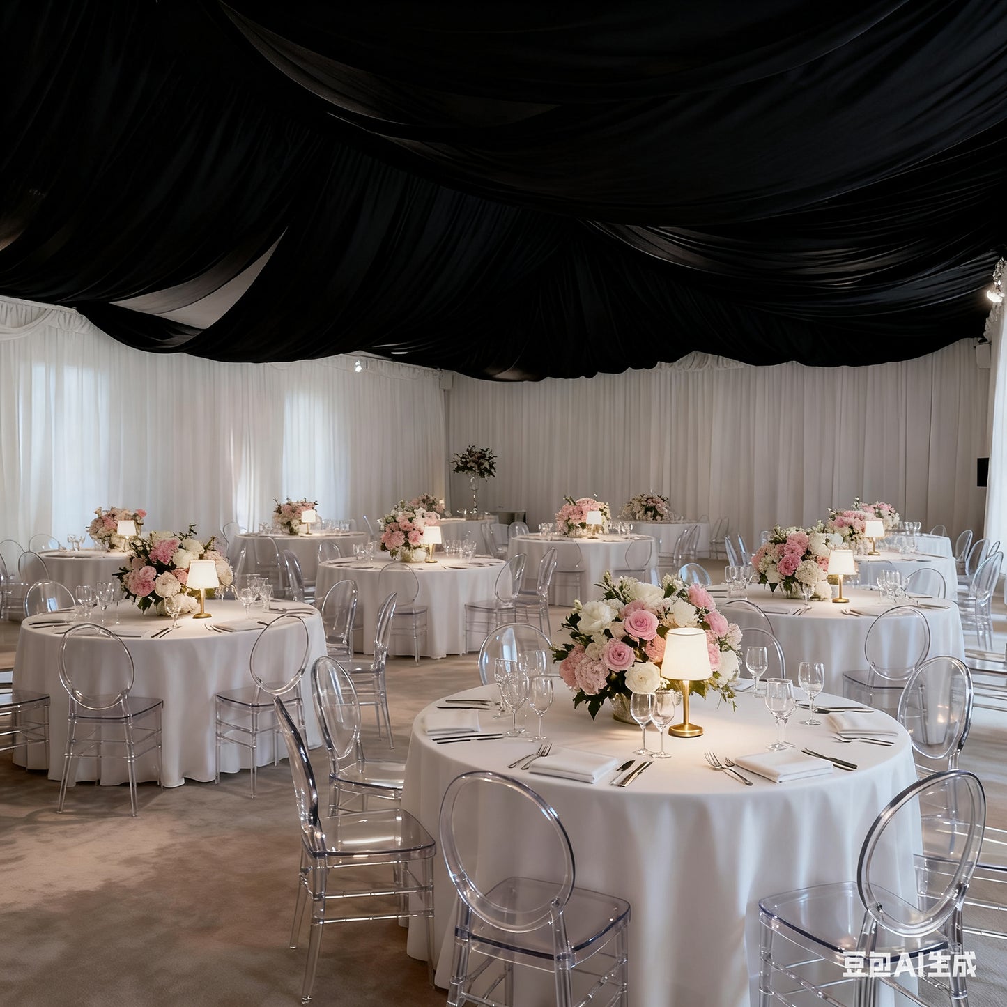 Black spandex ceiling drape panel for event décor.