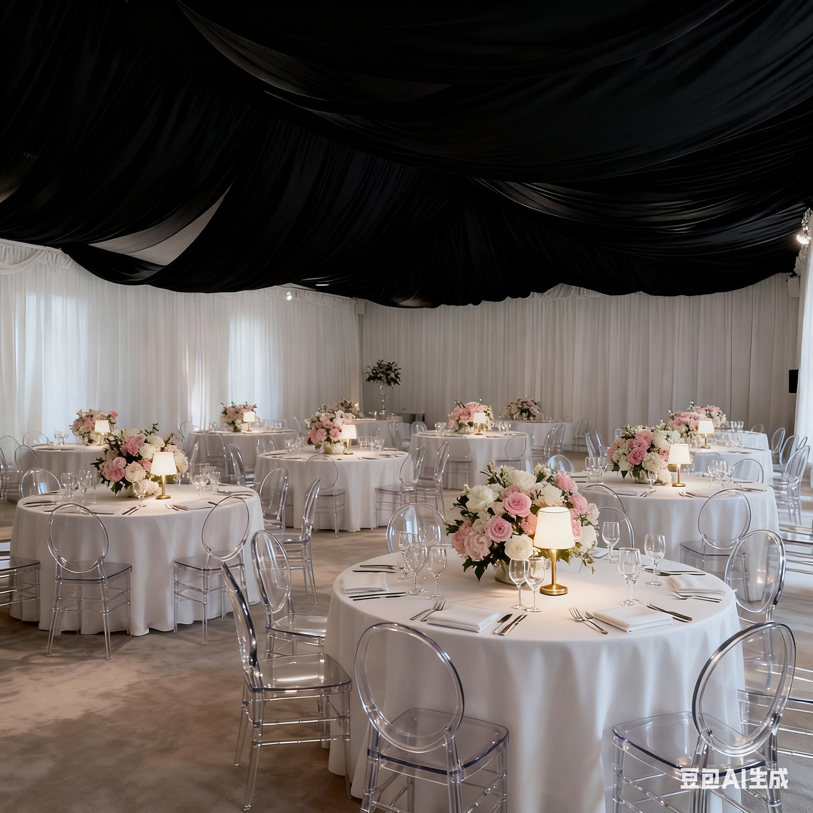 Black spandex ceiling drape panel for event décor.