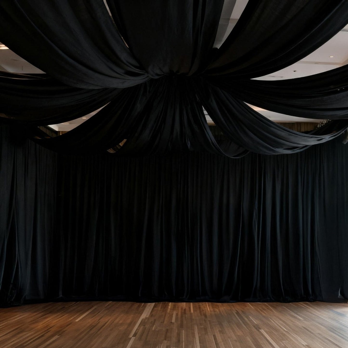 Black spandex ceiling drape panel for event backdrop décor.