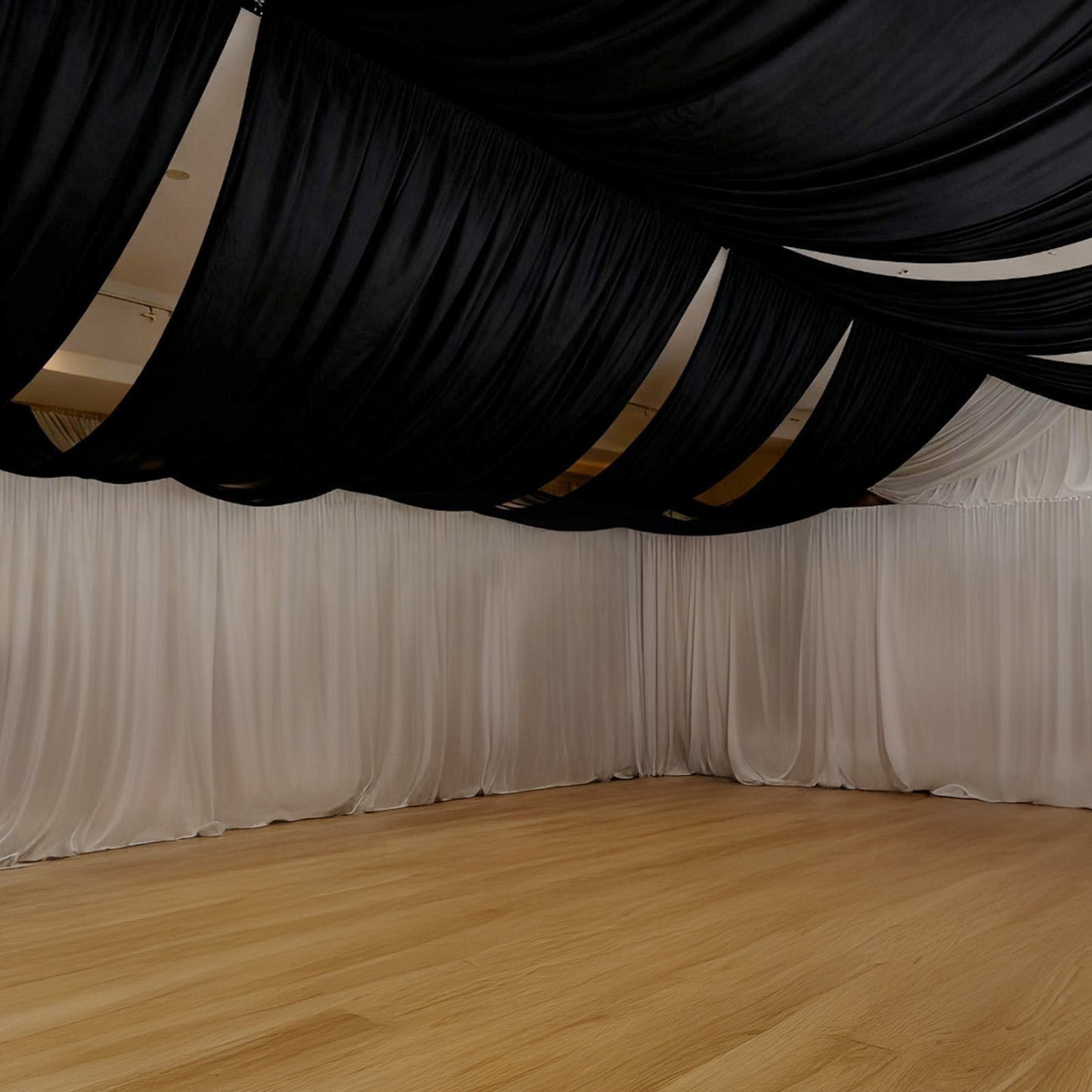 Black spandex ceiling drape panel for event décor, 5ft x 32ft.
