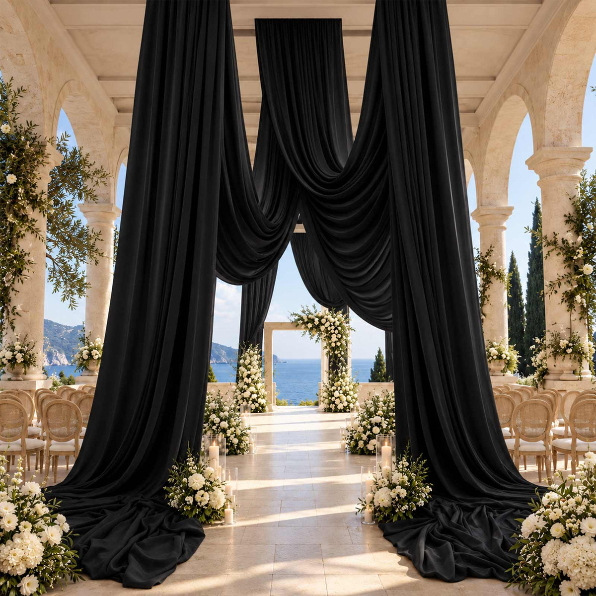 Black Spandex Ceiling Drape Panel, 5ft x 32ft — Wrinkle-Free 4-Way Stretch Fabric, Extra-Long Curtai