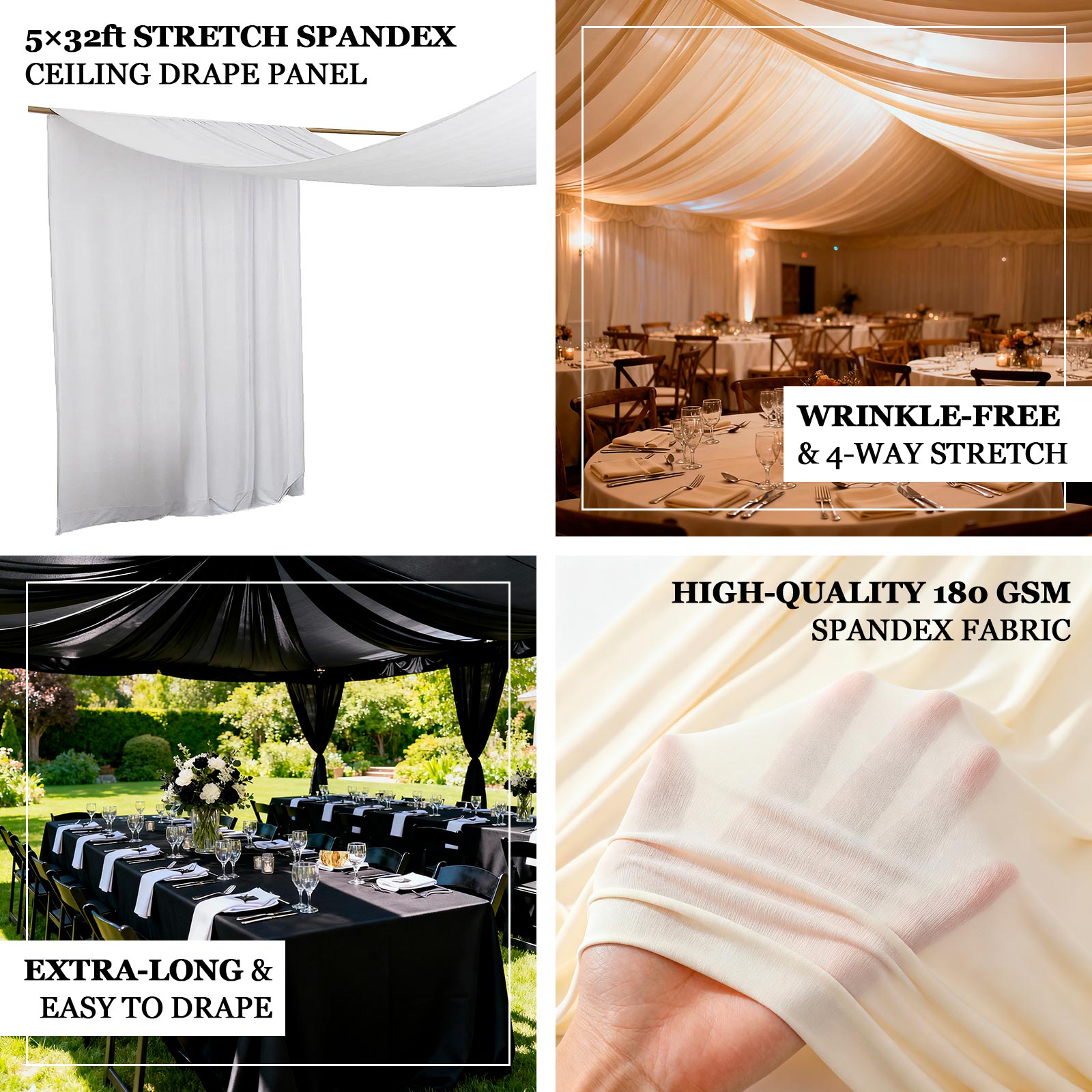 Black spandex ceiling drape panel, 5ft x 32ft, wrinkle-free and stretchy fabric.