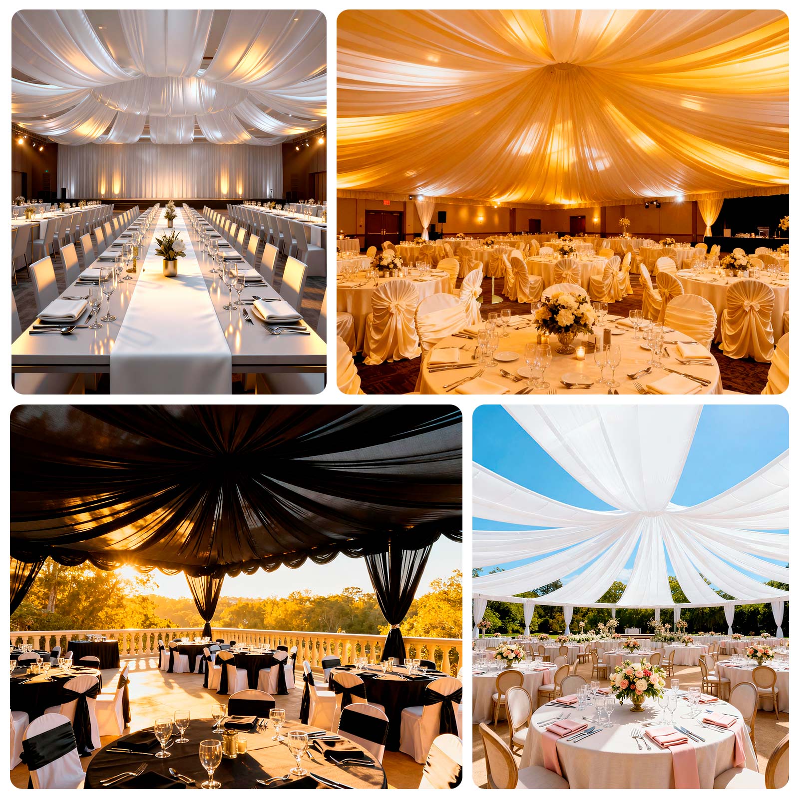 Ivory spandex ceiling drape panel for elegant event décor.