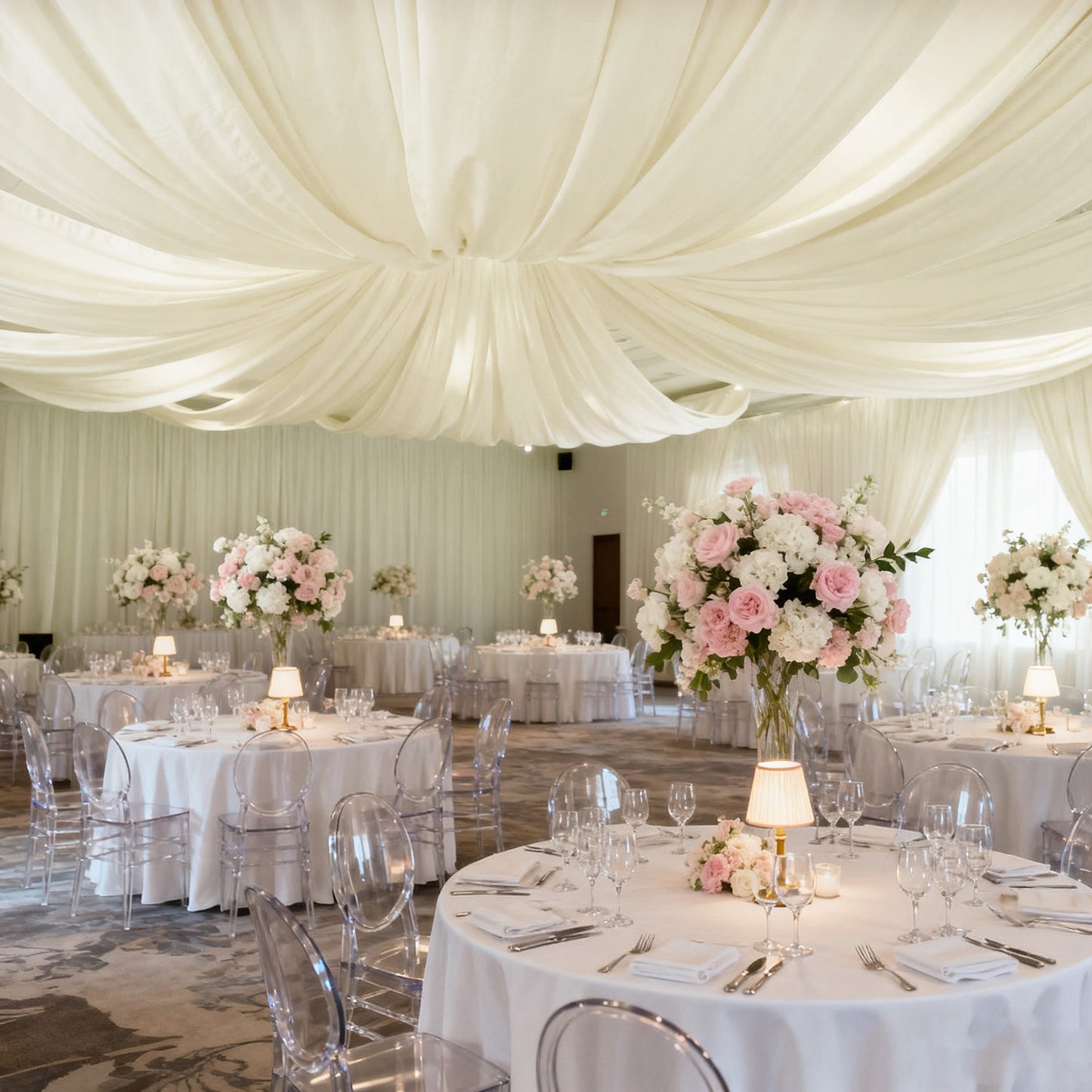 Ivory spandex ceiling drape panel for elegant event décor.