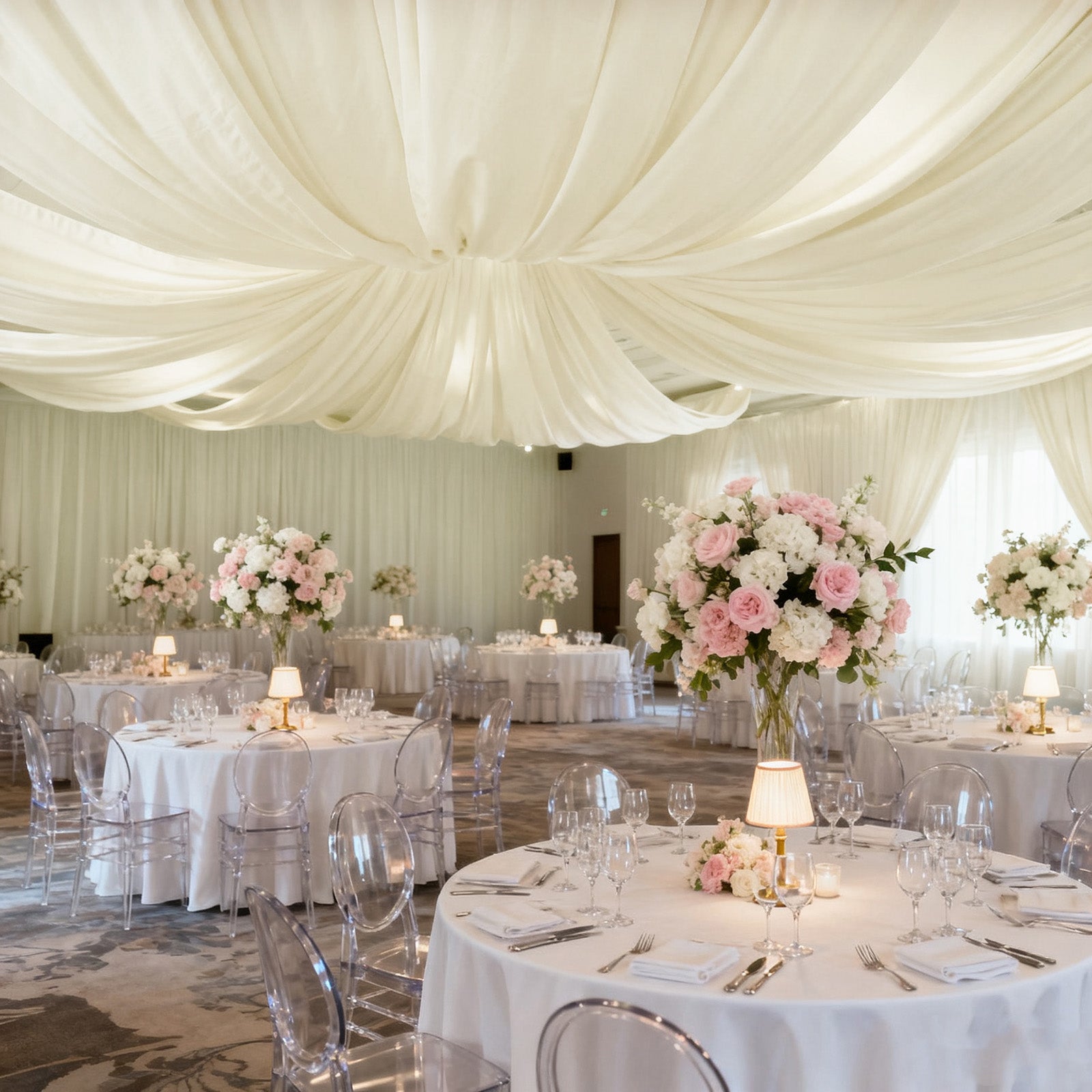 Ivory spandex ceiling drape panel for elegant event décor.