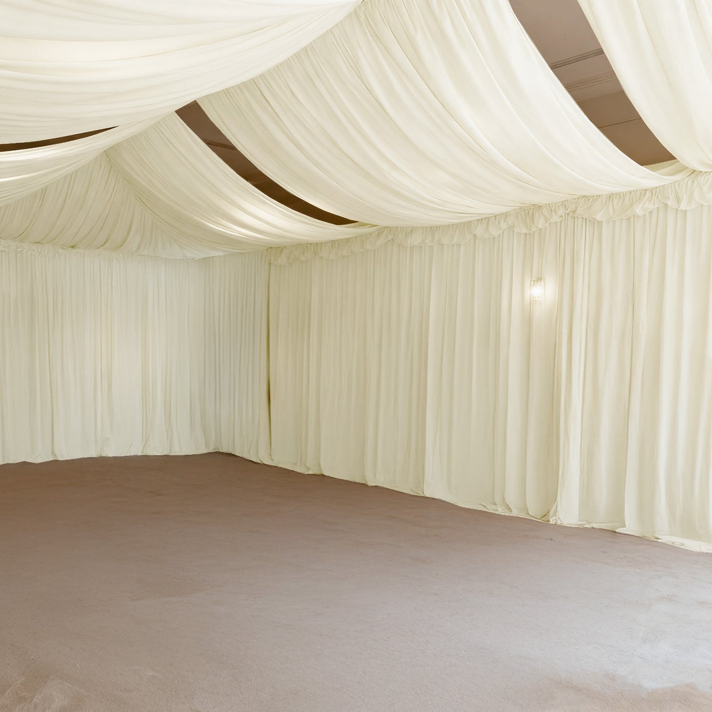 Ivory spandex ceiling drape panel for event décor, 5ft x 32ft.