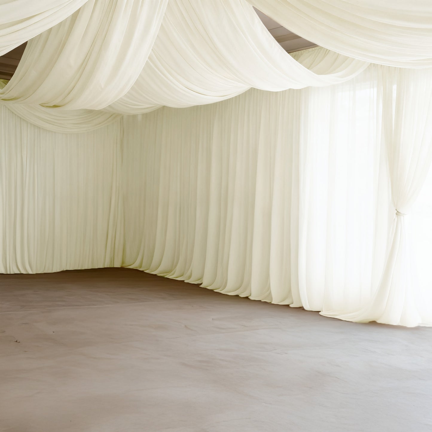 Ivory spandex ceiling drape panel for event décor.