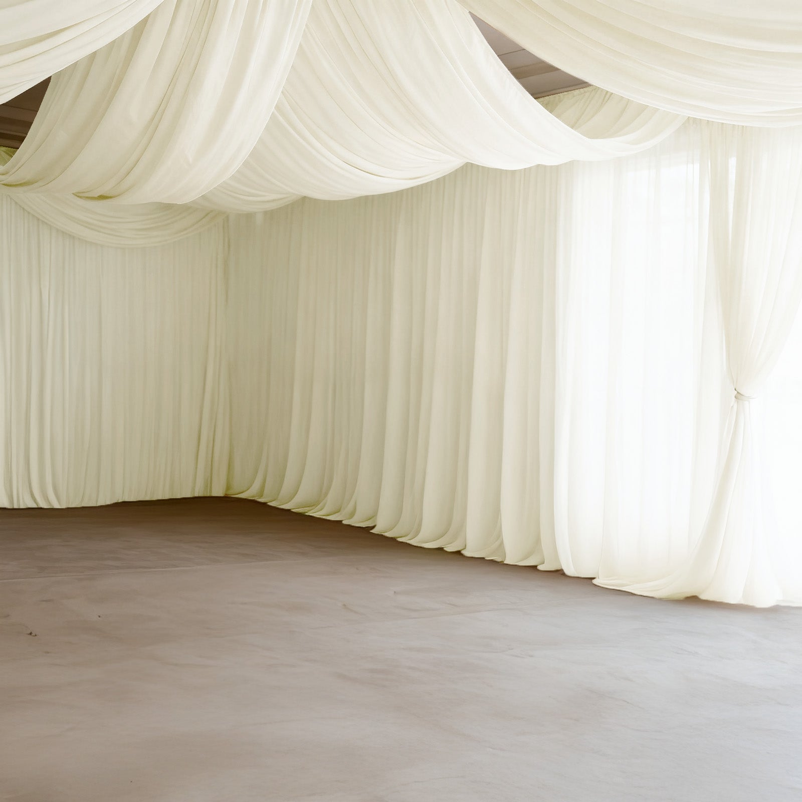 Ivory spandex ceiling drape panel for event décor.