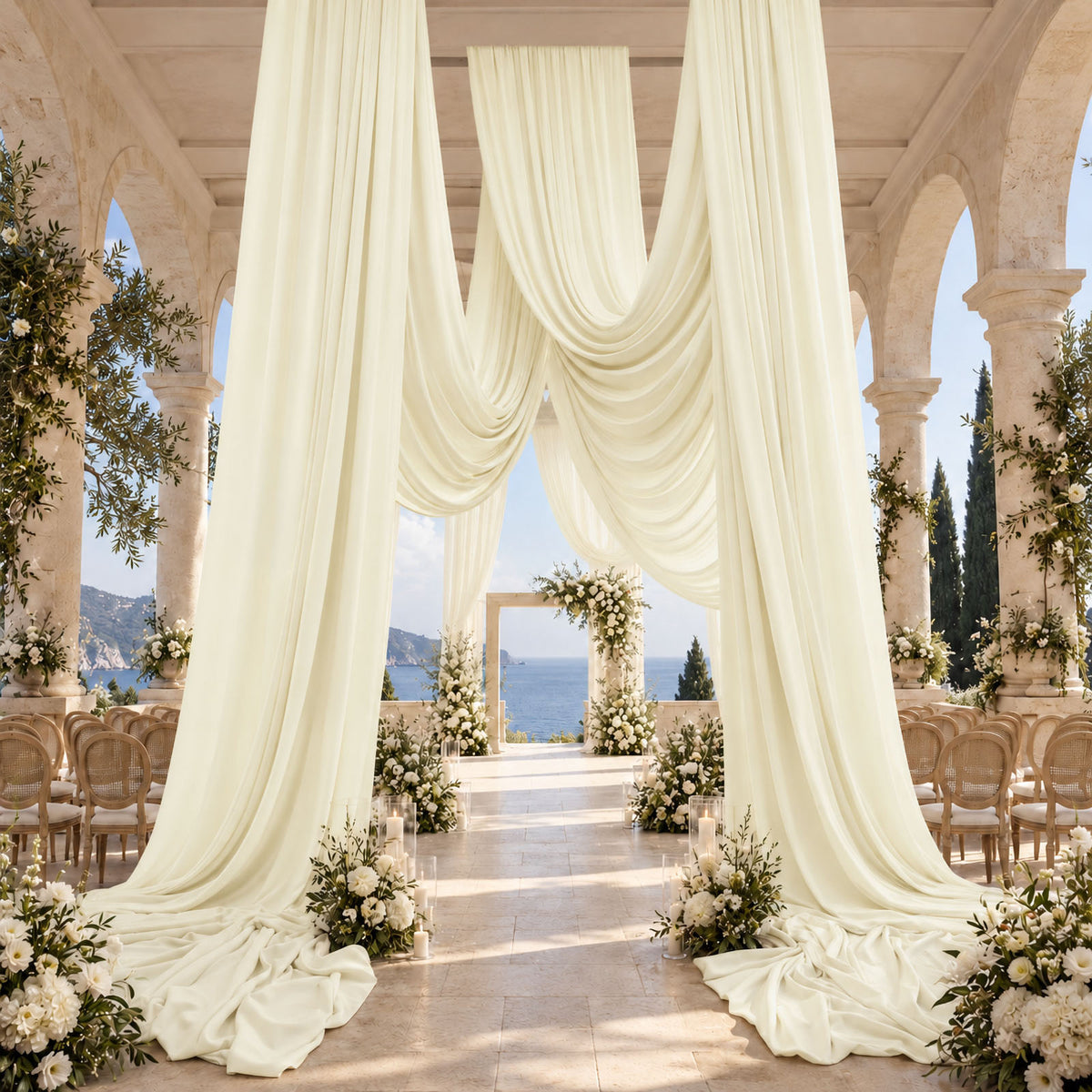 Ivory Spandex Ceiling Drape Panel, 5ft x 32ft — Wrinkle-Free 4-Way Stretch Fabric, Extra-Long Curtai