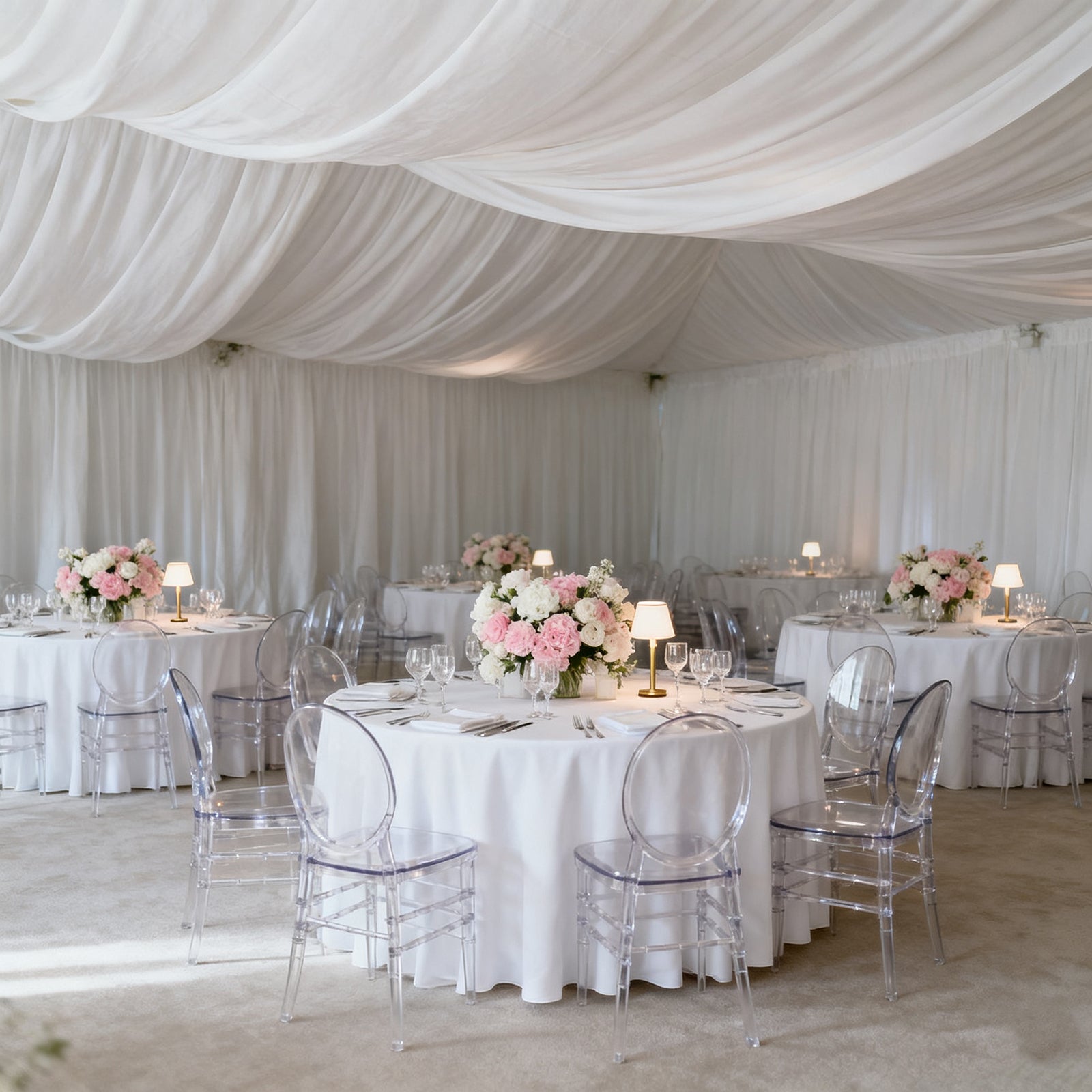 White spandex ceiling drape panel for elegant event décor.