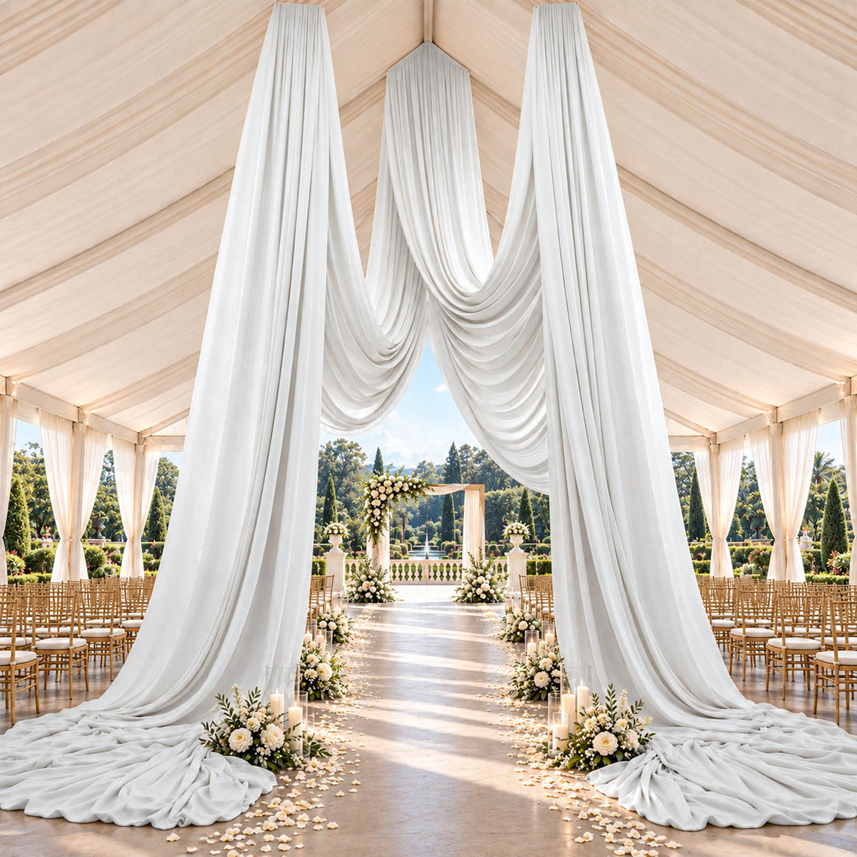 White Spandex Ceiling Drape Panel, 5ft x 32ft — Wrinkle-Free 4-Way Stretch Fabric, Extra-Long Curtai