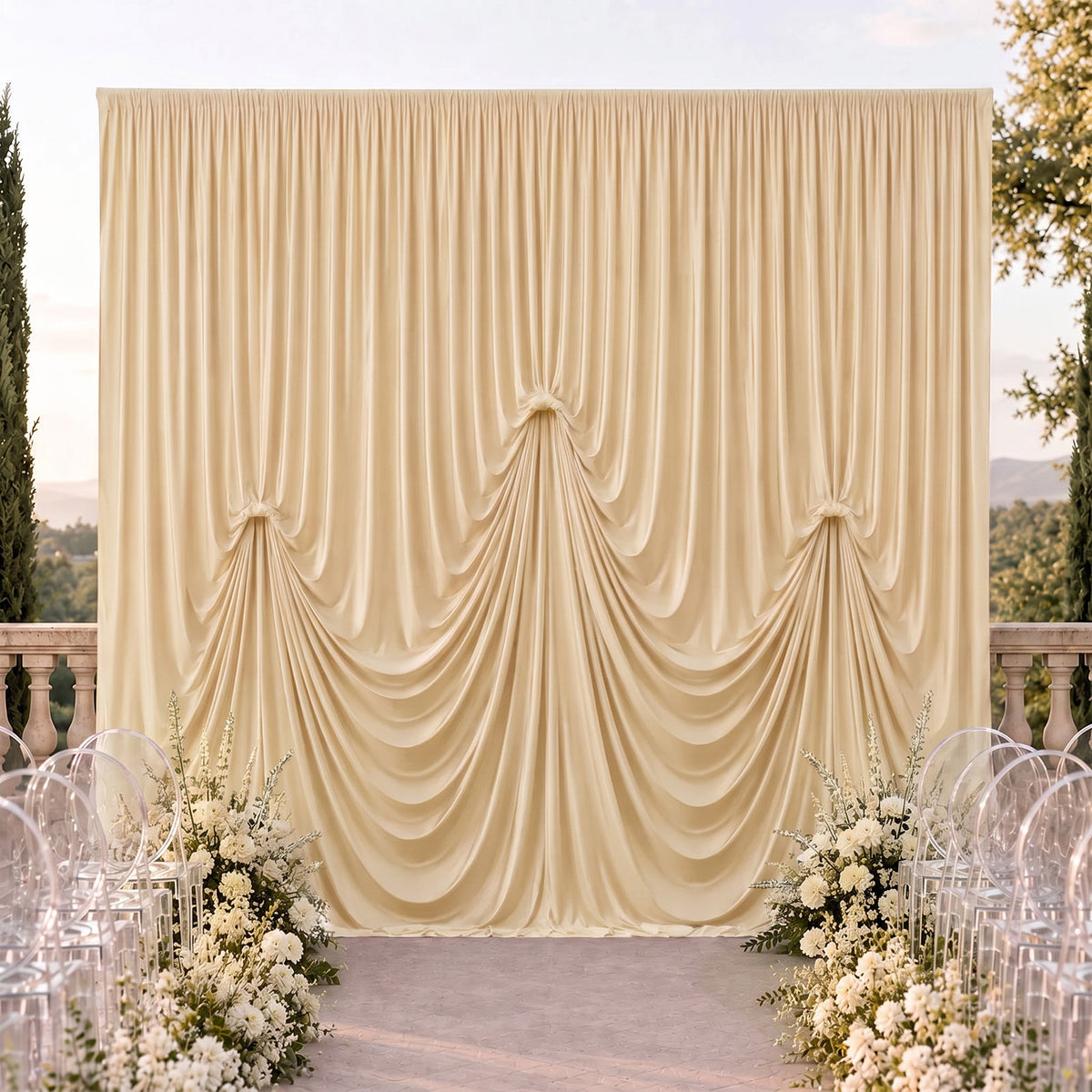 Beige Spandex Pre-Sewn Dramatic Drape Backdrop Curtain – 13ft × 20ft 4-Way Stretch Wrinkle-Free 180G