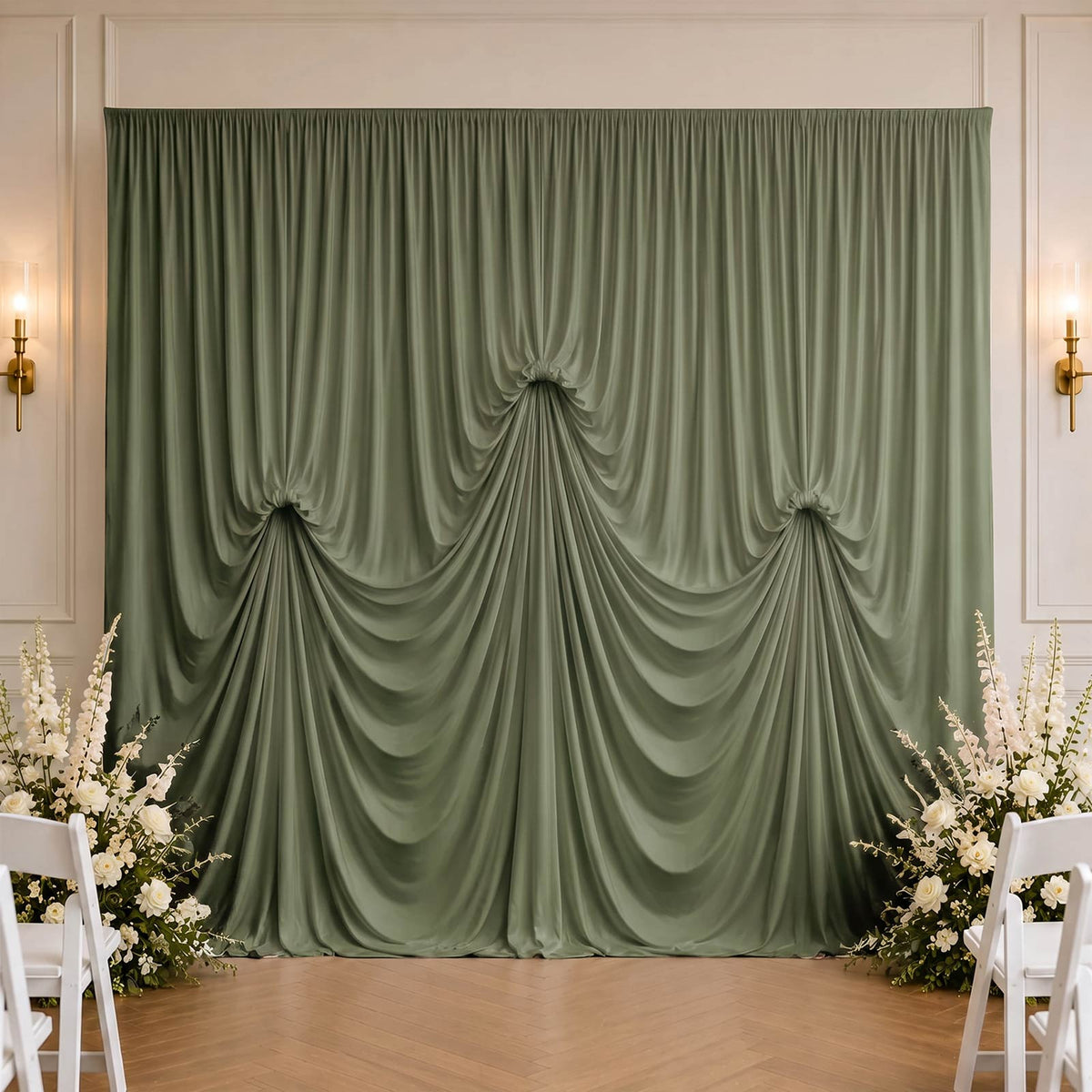 Dusty Sage Green Spandex Pre-Sewn Dramatic Drape Backdrop Curtain – 13ft × 20ft 4-Way Stretch Wrinkl