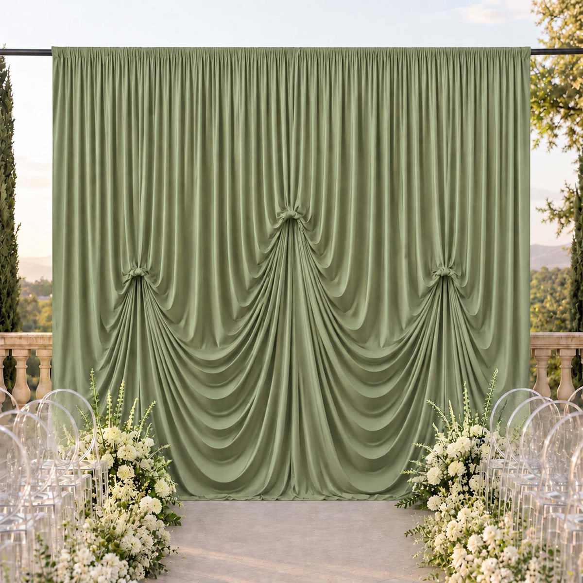 Dusty Sage Green Spandex Pre-Sewn Dramatic Drape Backdrop Curtain – 13ft × 20ft 4-Way Stretch Wrinkl