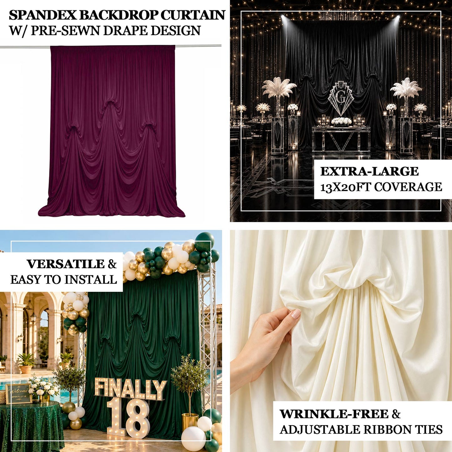 Hunter Emerald Green Spandex Pre-Sewn Dramatic Drape Backdrop Curtain – 13ft × 20ft 4-Way Stretch Wr