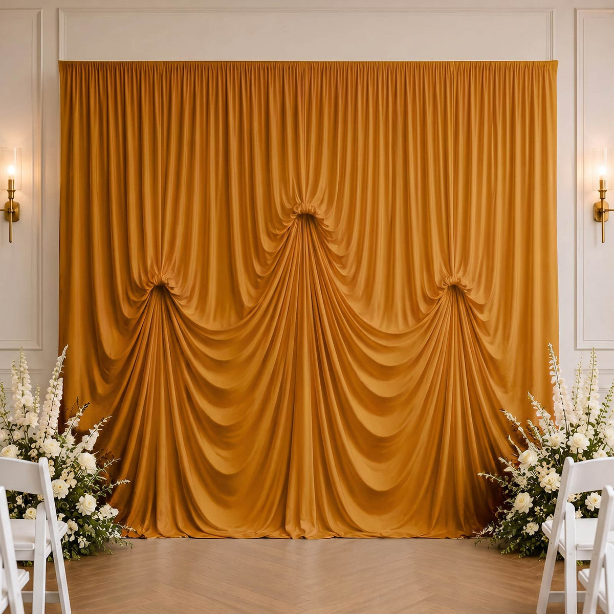 Gold Spandex Pre-Sewn Dramatic Drape Backdrop Curtain – 13ft × 20ft 4-Way Stretch Wrinkle-Free 180GS