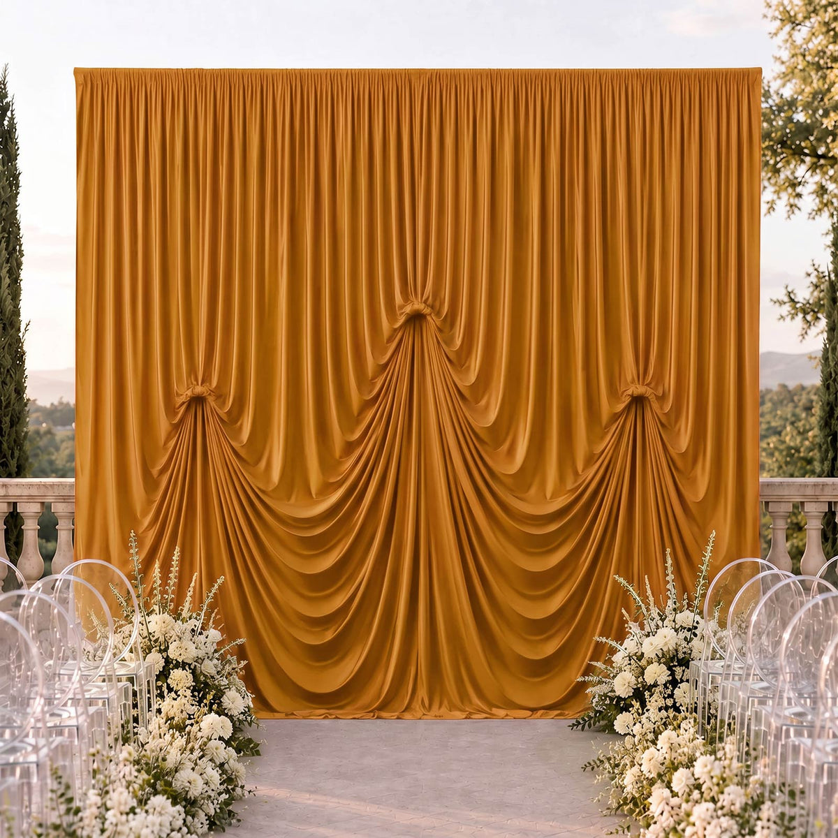 Gold Spandex Pre-Sewn Dramatic Drape Backdrop Curtain – 13ft × 20ft 4-Way Stretch Wrinkle-Free 180GS