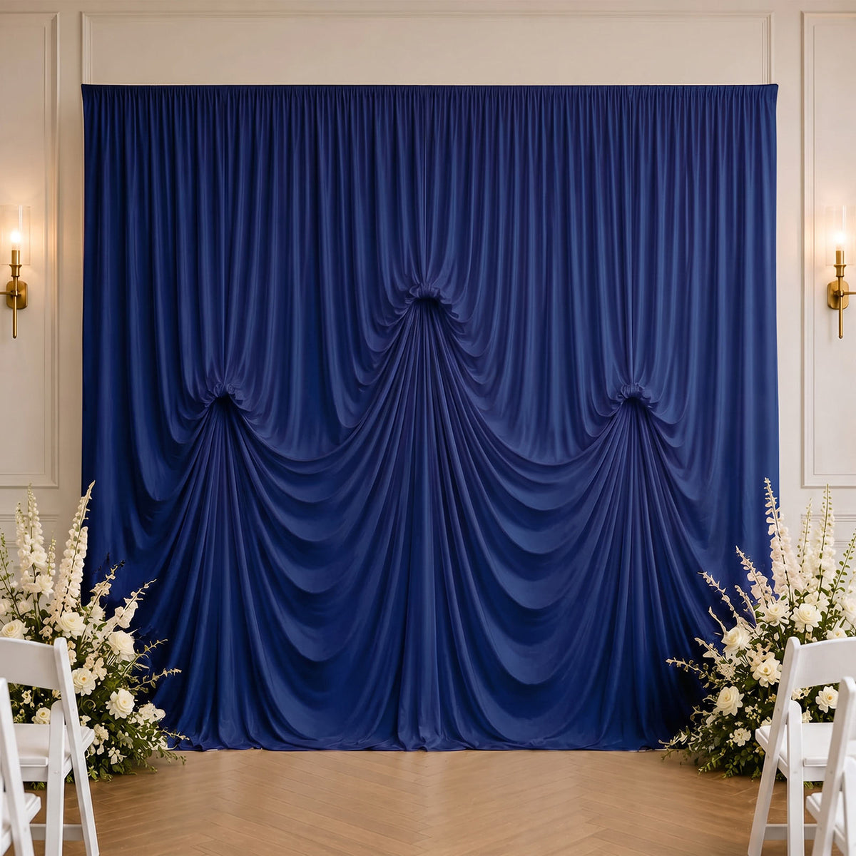 Navy Blue Spandex Pre-Sewn Dramatic Drape Backdrop Curtain – 13ft × 20ft 4-Way Stretch Wrinkle-Free 