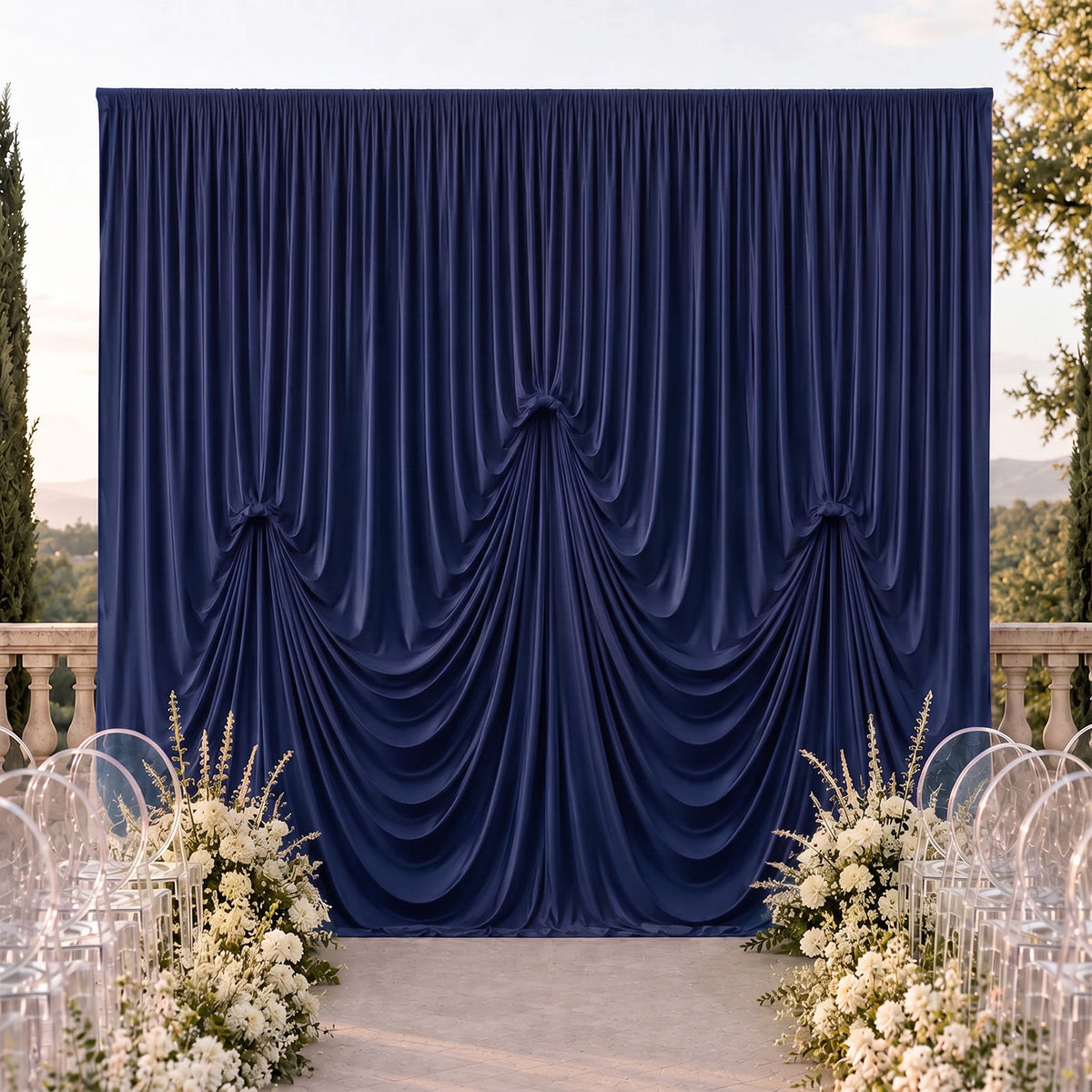Navy Blue Spandex Pre-Sewn Dramatic Drape Backdrop Curtain – 13ft × 20ft 4-Way Stretch Wrinkle-Free 