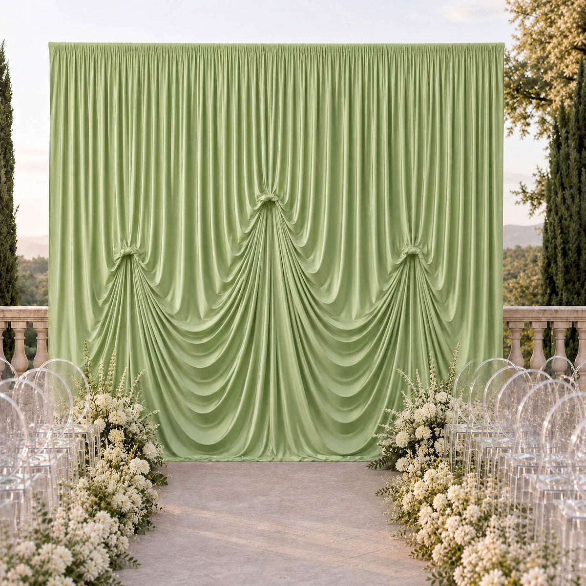 Sage Green Spandex Pre-Sewn Dramatic Drape Backdrop Curtain – 13ft × 20ft 4-Way Stretch Wrinkle-Free