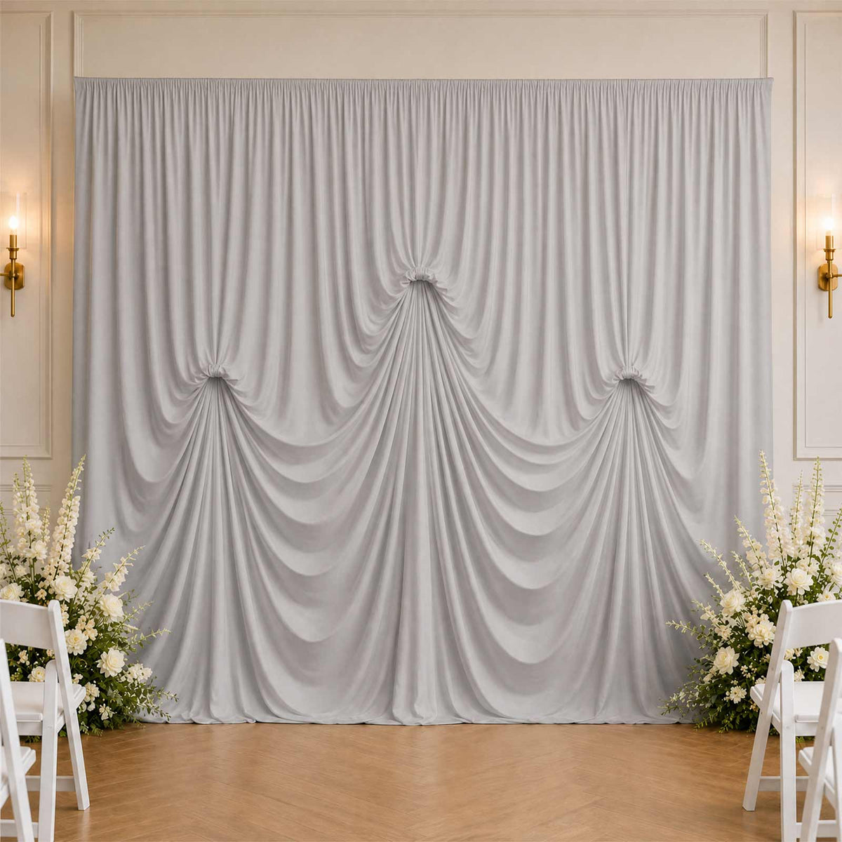 Silver Spandex Pre-Sewn Dramatic Drape Backdrop Curtain – 13ft × 20ft 4-Way Stretch Wrinkle-Free 180
