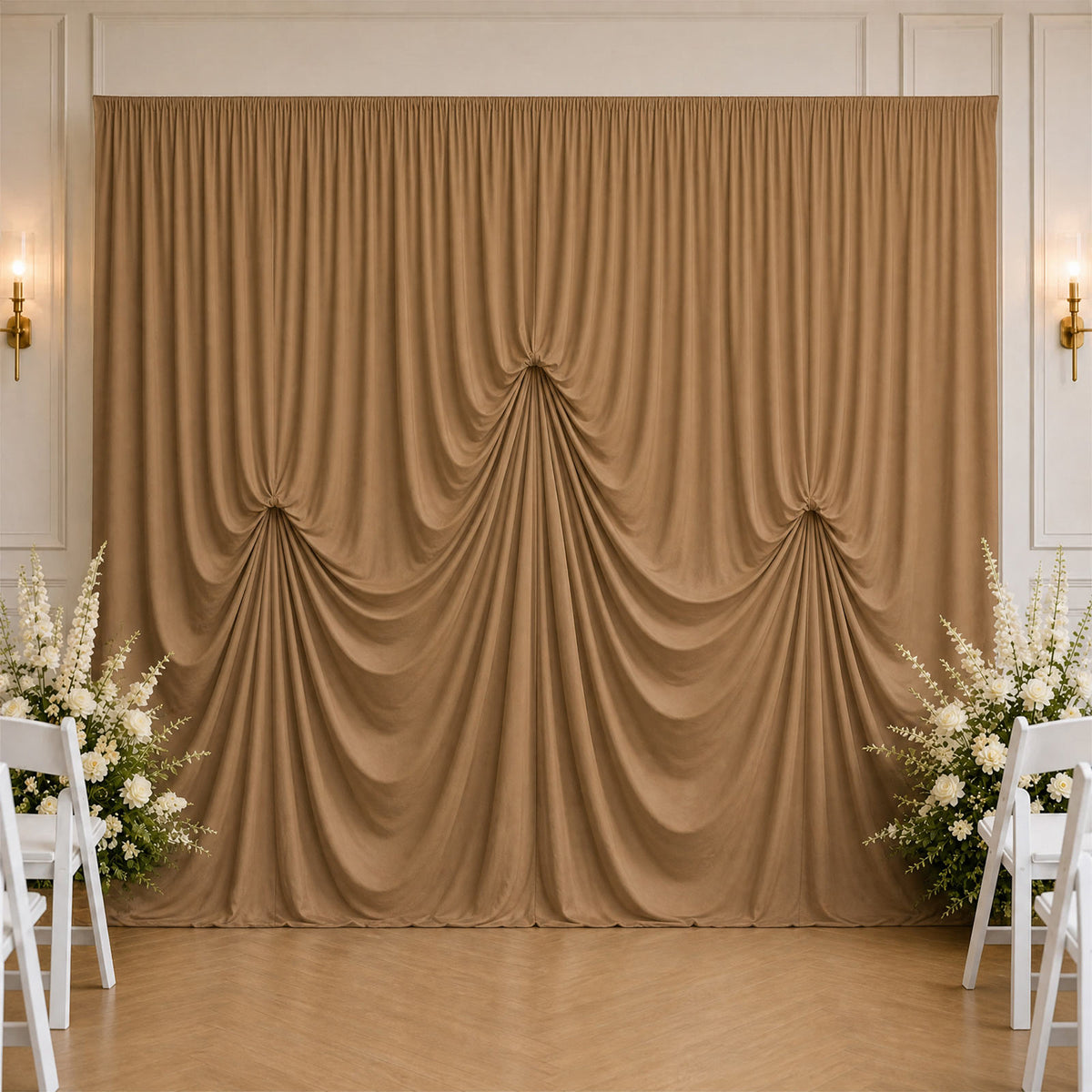 Taupe Spandex Pre-Sewn Dramatic Drape Backdrop Curtain – 13ft × 20ft 4-Way Stretch Wrinkle-Free 180G