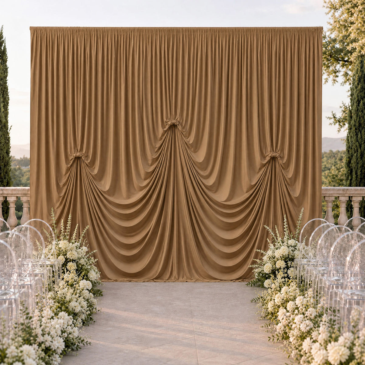 Taupe Spandex Pre-Sewn Dramatic Drape Backdrop Curtain – 13ft × 20ft 4-Way Stretch Wrinkle-Free 180G