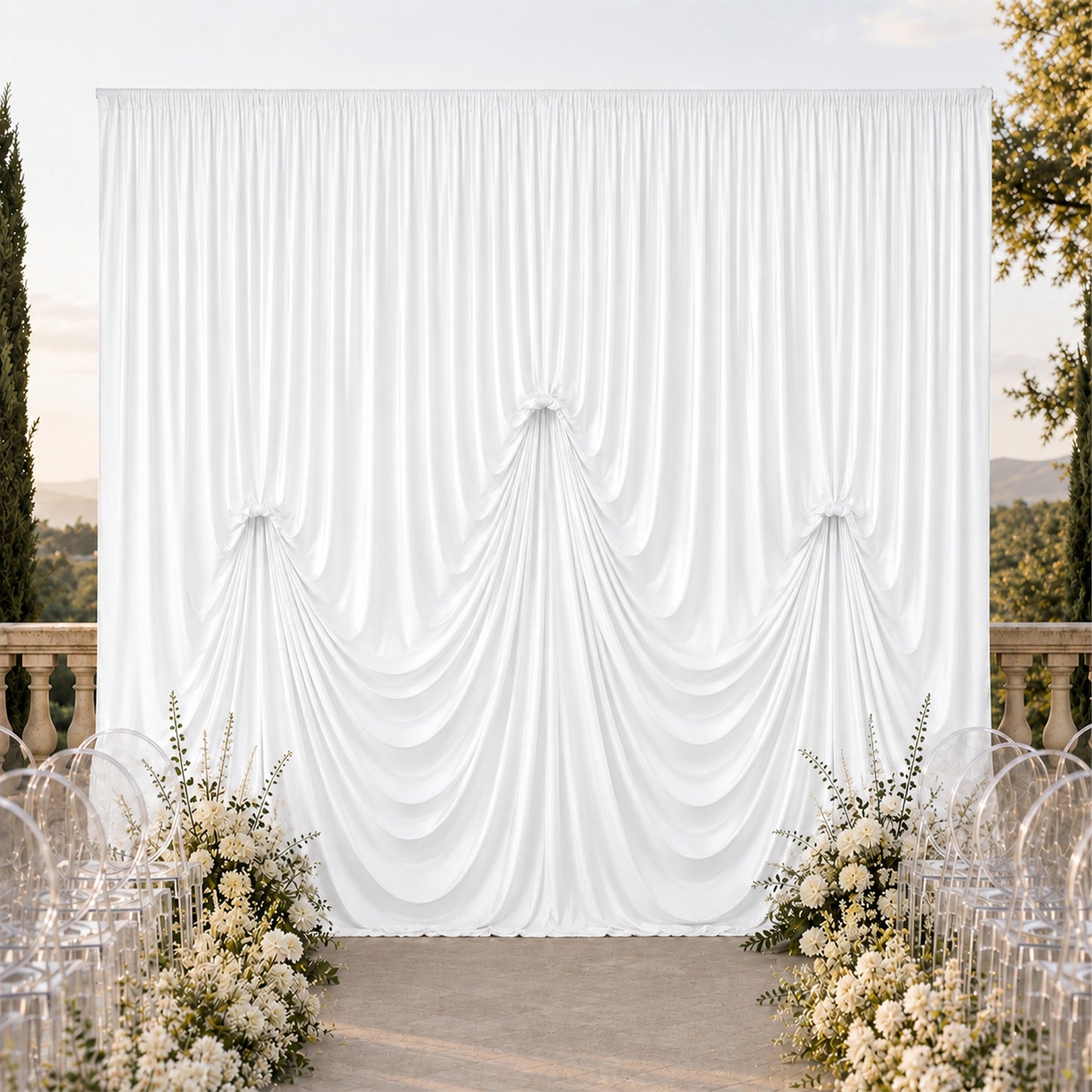 White Spandex Pre-Sewn Dramatic Drape Backdrop Curtain – 13ft × 20ft 4-Way Stretch Wrinkle-Free 180G