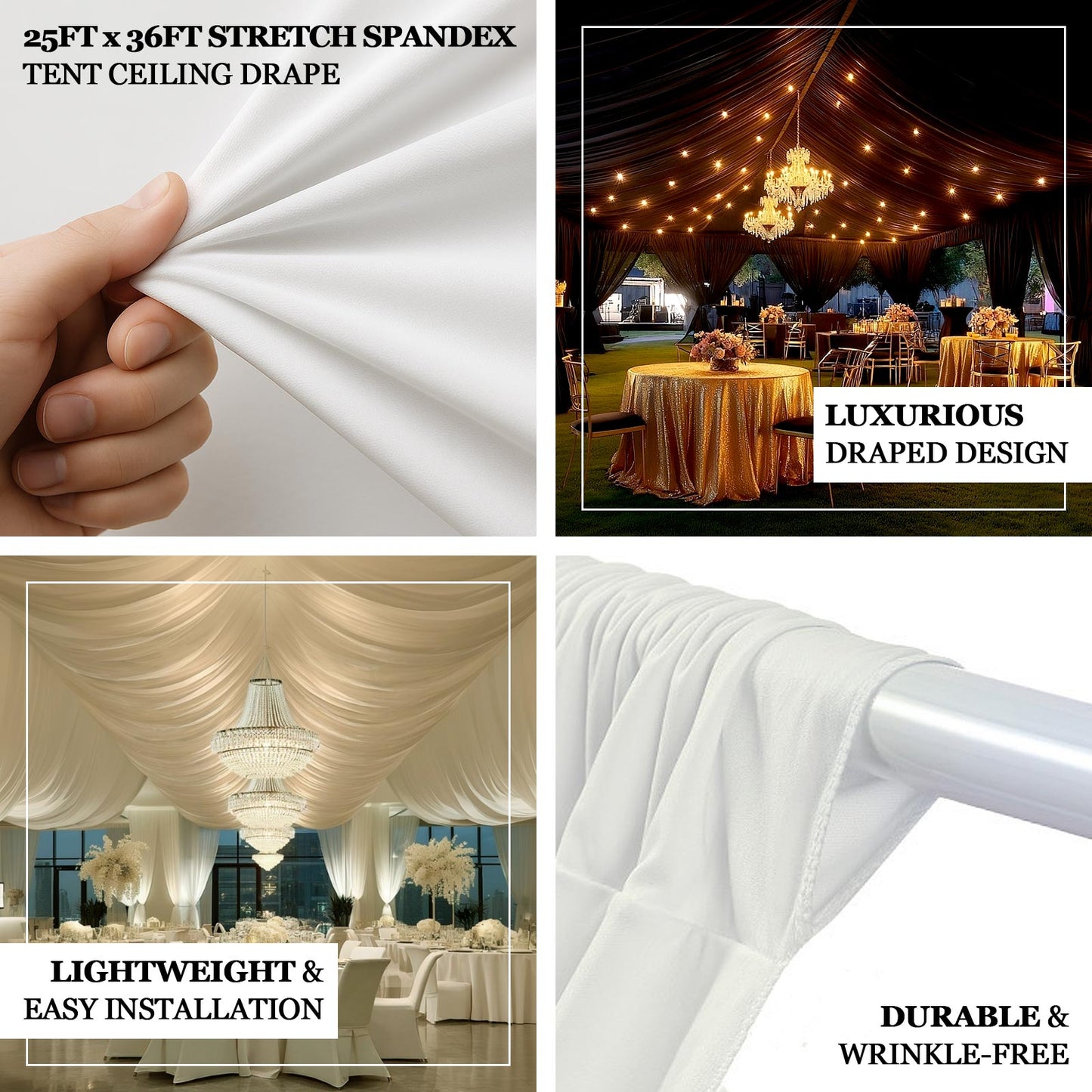Black stretch spandex tent ceiling drape, 25ft x 36ft, wrinkle-free fabric.