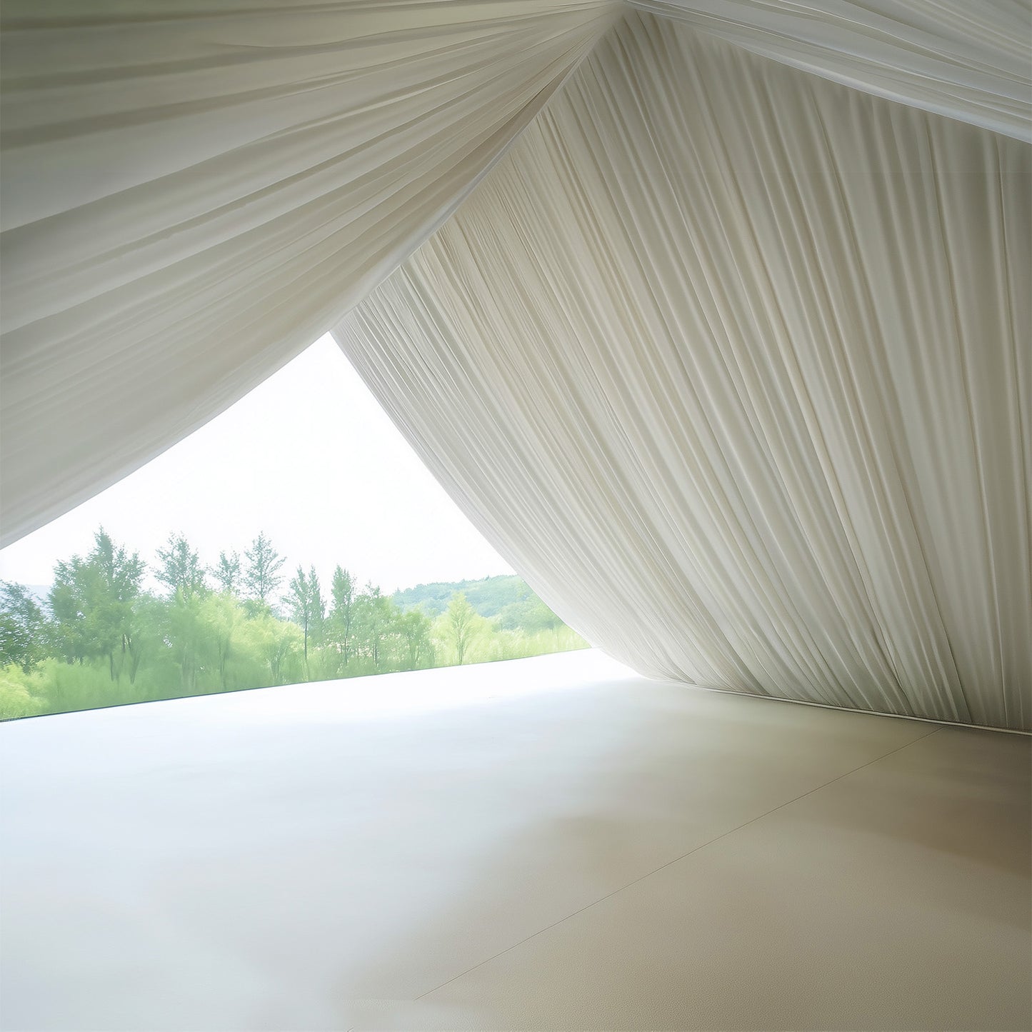 Ivory stretch spandex tent ceiling drape with smooth, wrinkle-free fabric.