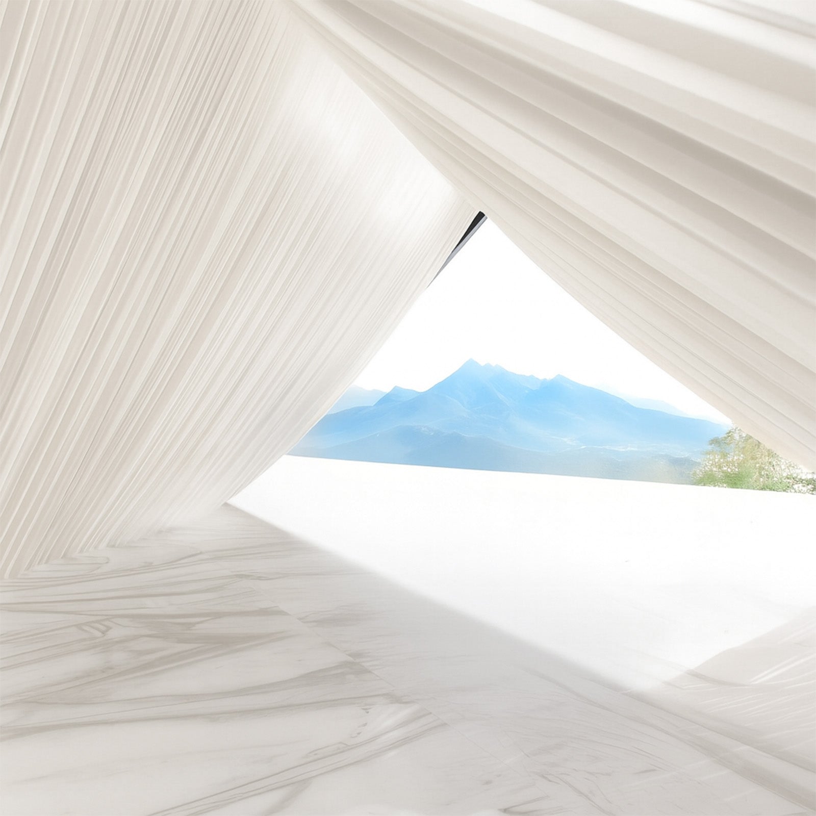 Ivory stretch spandex tent ceiling drape with a scenic backdrop.