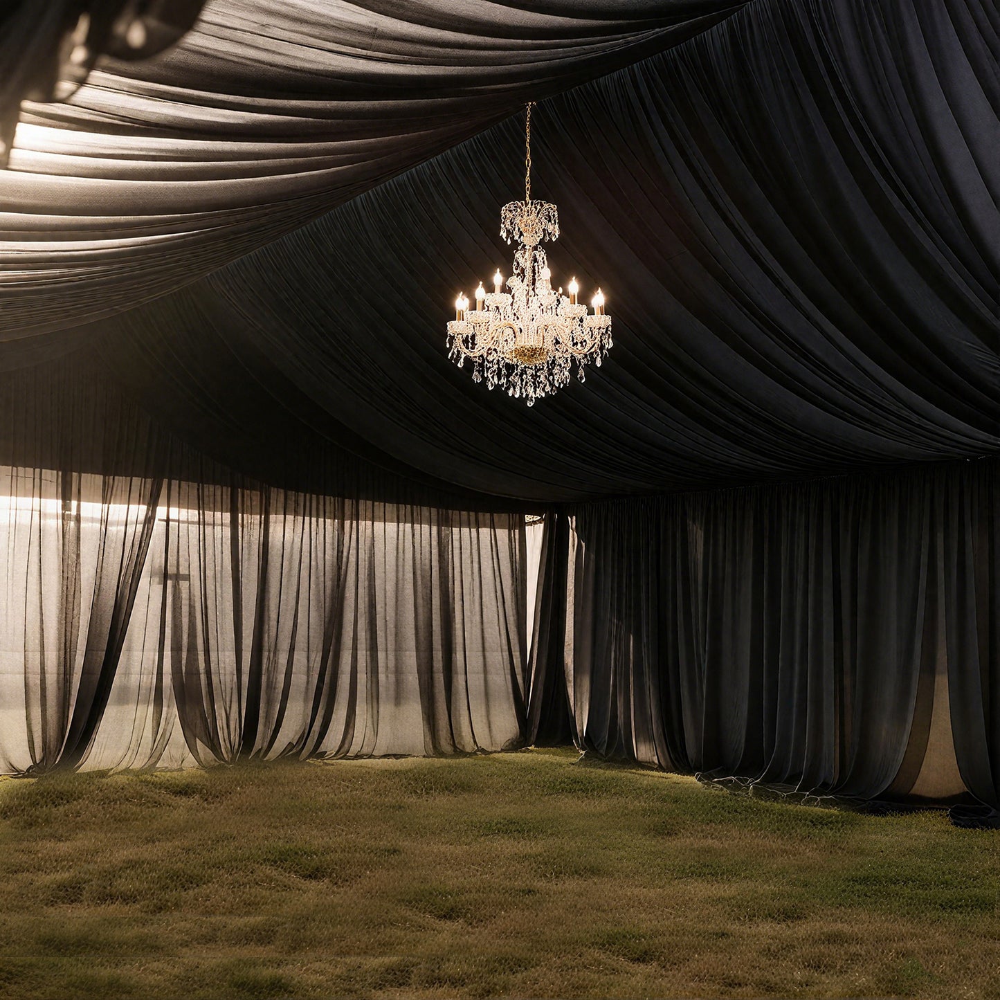 Black stretch spandex tent ceiling drape with chandelier, 25ft x 36ft.