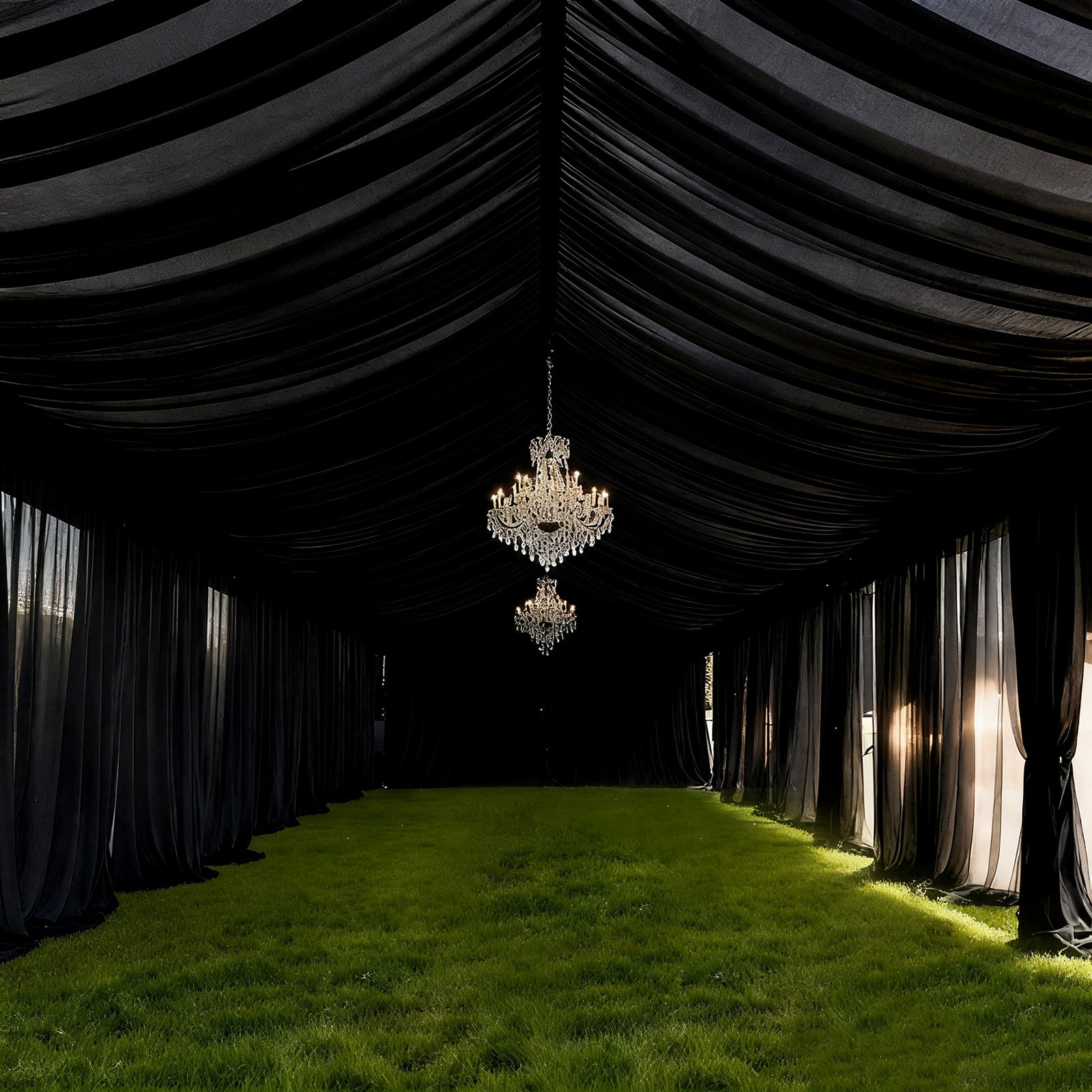 Black stretch spandex tent ceiling drape with elegant chandeliers.