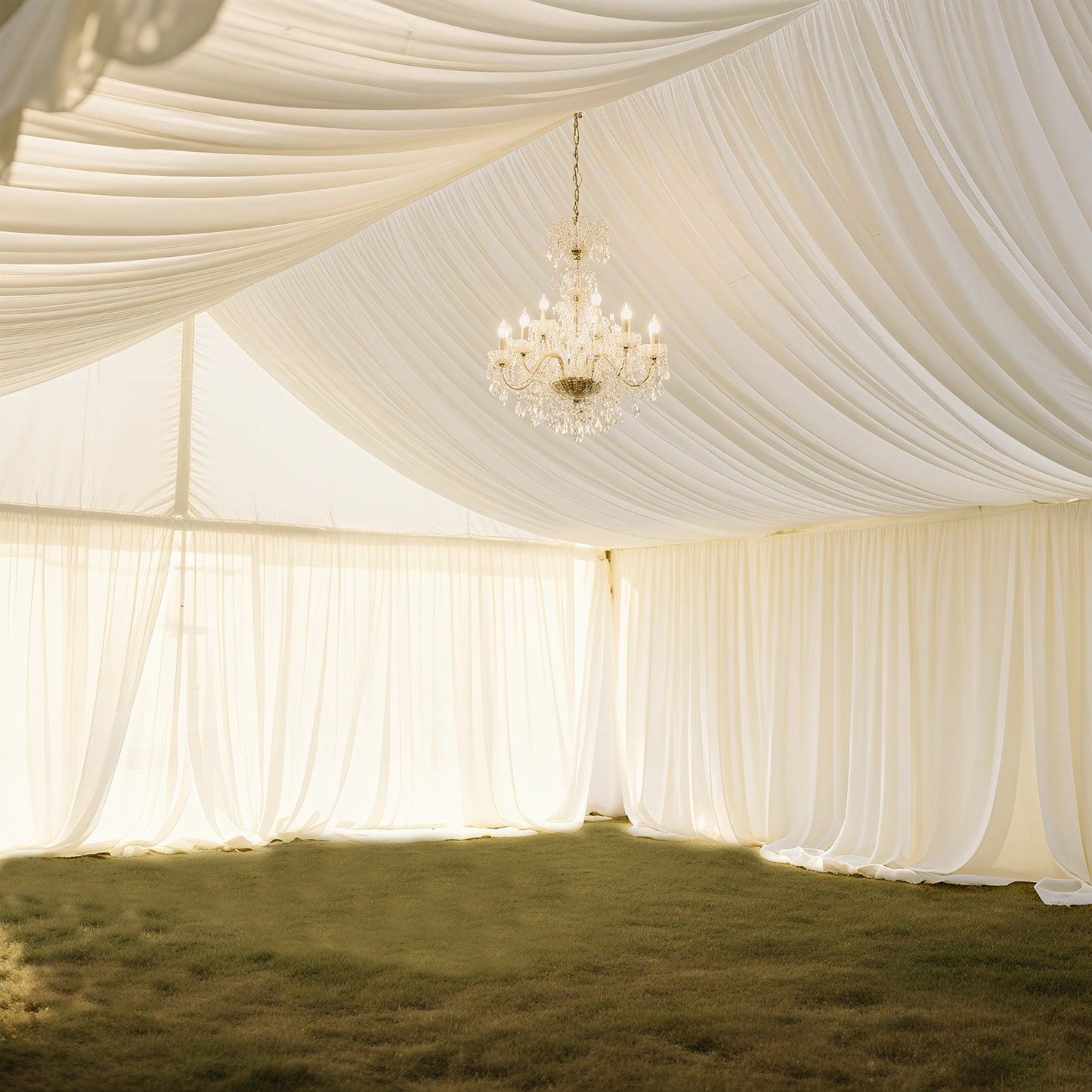 Ivory stretch spandex tent ceiling drape with chandelier in a tent setting.