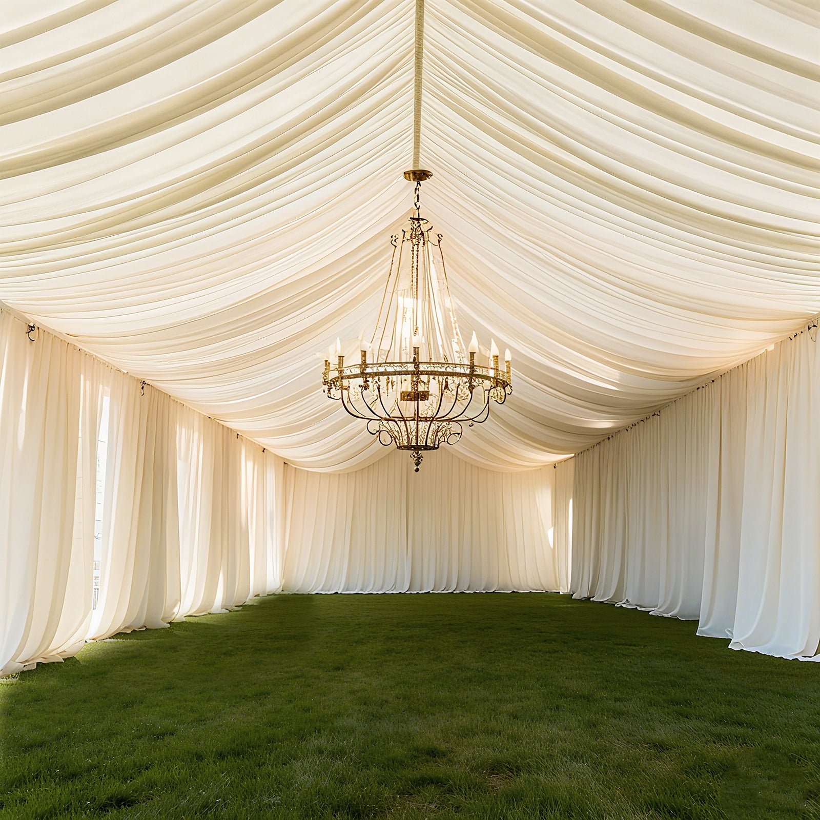 Ivory stretch spandex tent ceiling drape with chandelier in a spacious tent interior.