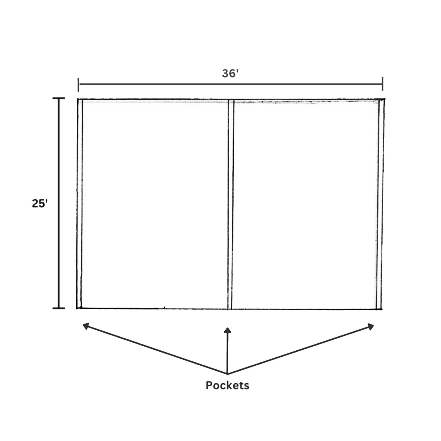 White stretch spandex tent ceiling drape with pole pockets, 25ft x 36ft.