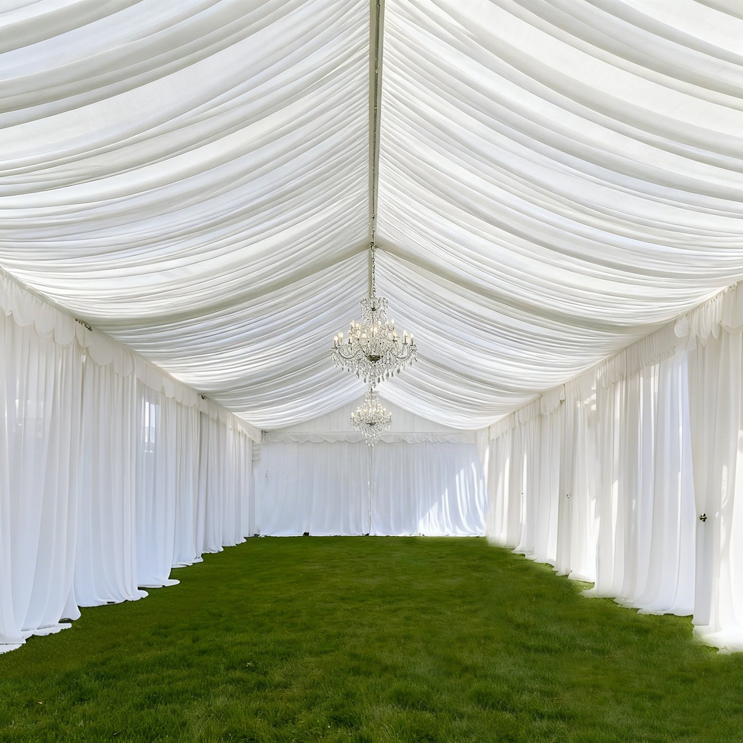 White stretch spandex tent ceiling drape in a spacious interior setting.