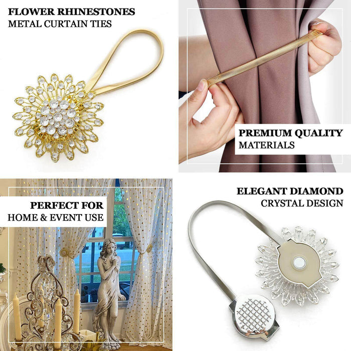2 Pack | 4" Gold Crystal Flower Magnetic Backdrop Curtain Tie Backs, Metallic Window Drapery Panel Buckle Clips
