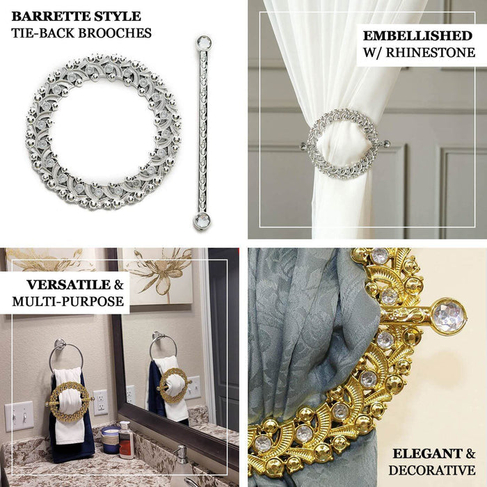 2 Pack | 7" Gold Barrette Style Acrylic Crystal Curtain Tie Backs, Round Backdrop Drapery Brooch Holdbacks